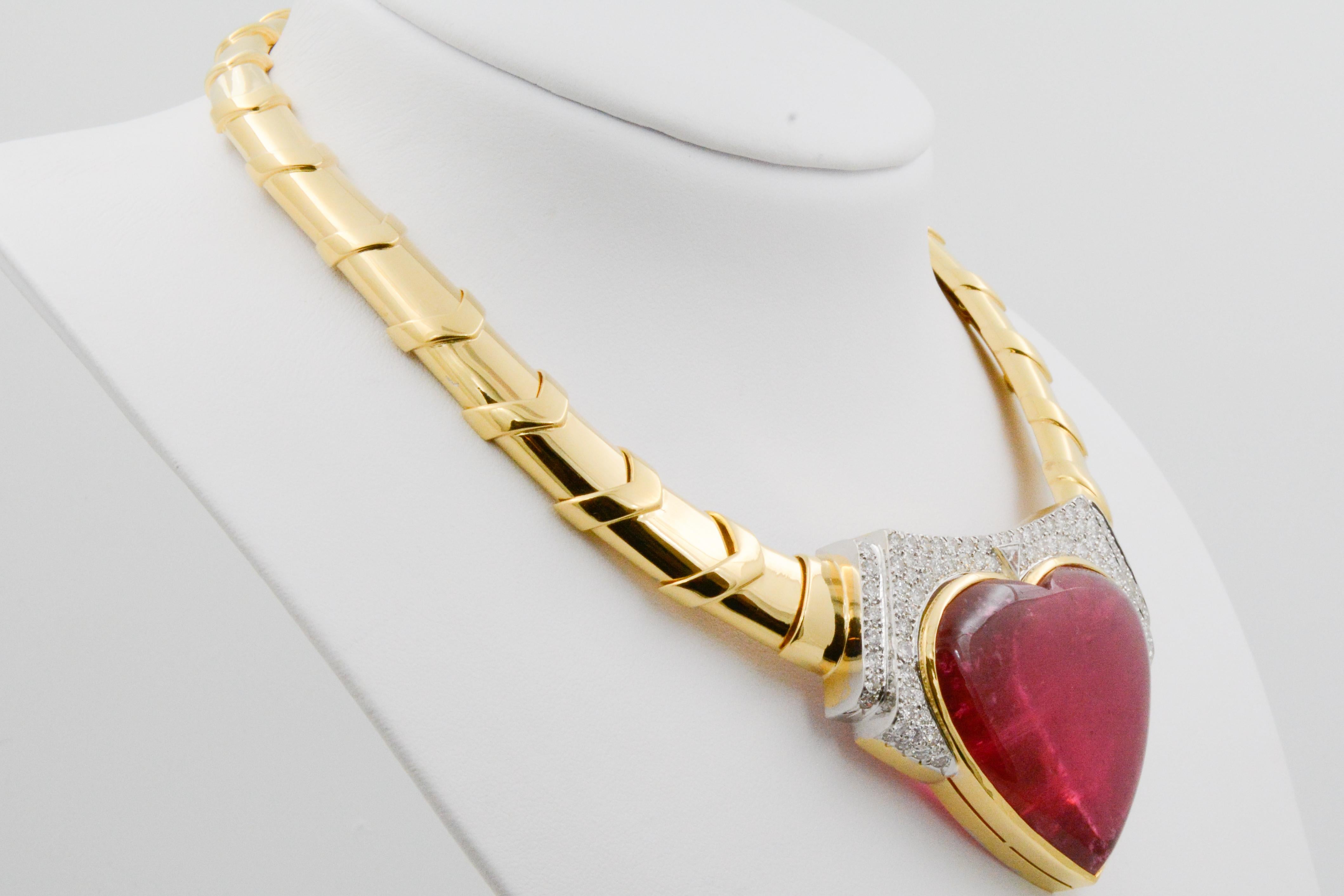 Halskette aus 18 Karat Gold und Platin mit Herz-Rubellit mit Diamanten von David Webb 1