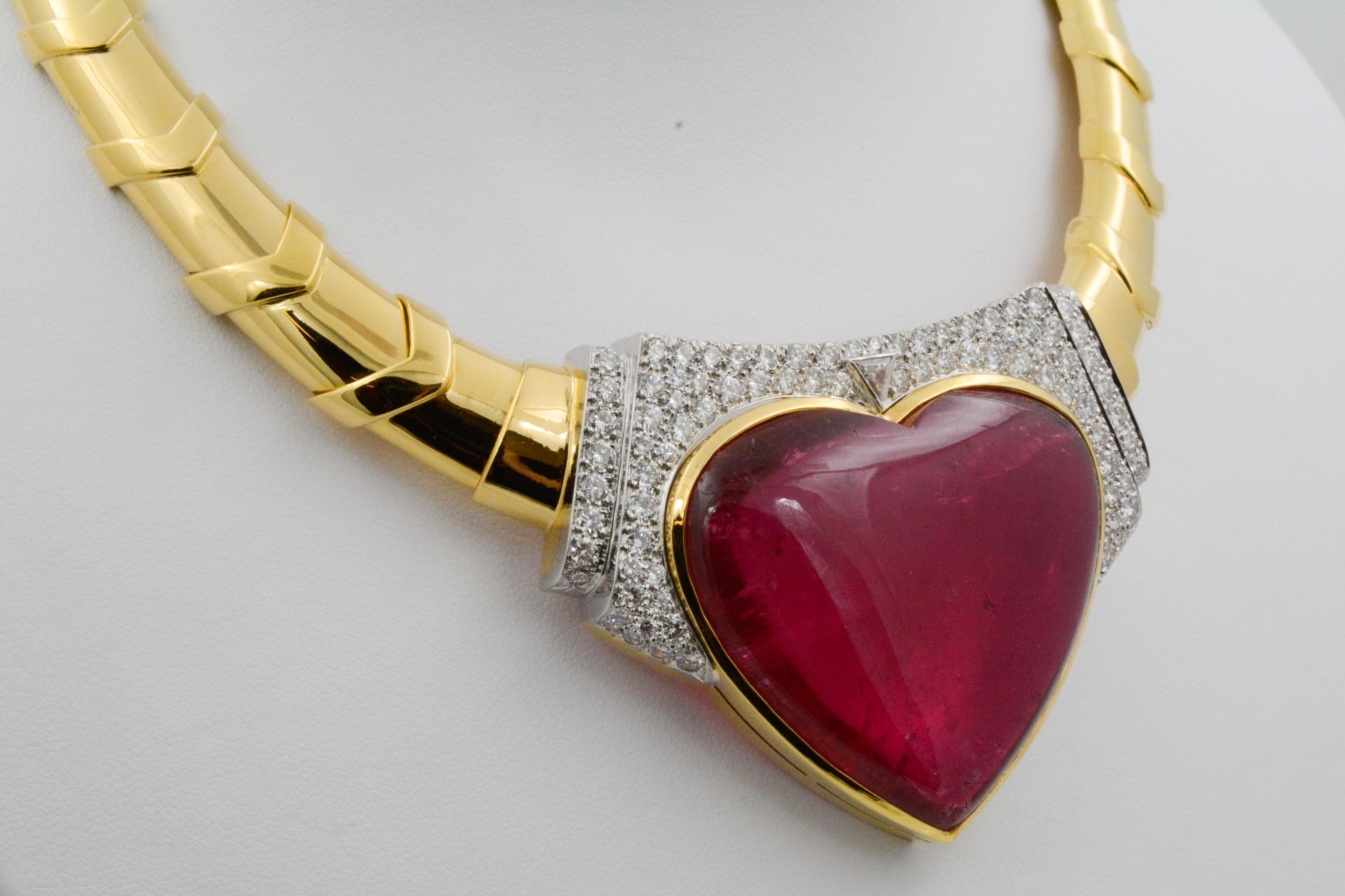 David Webb 18 Karat Gold and Platinum Heart Rubellite with Diamonds Necklace 2