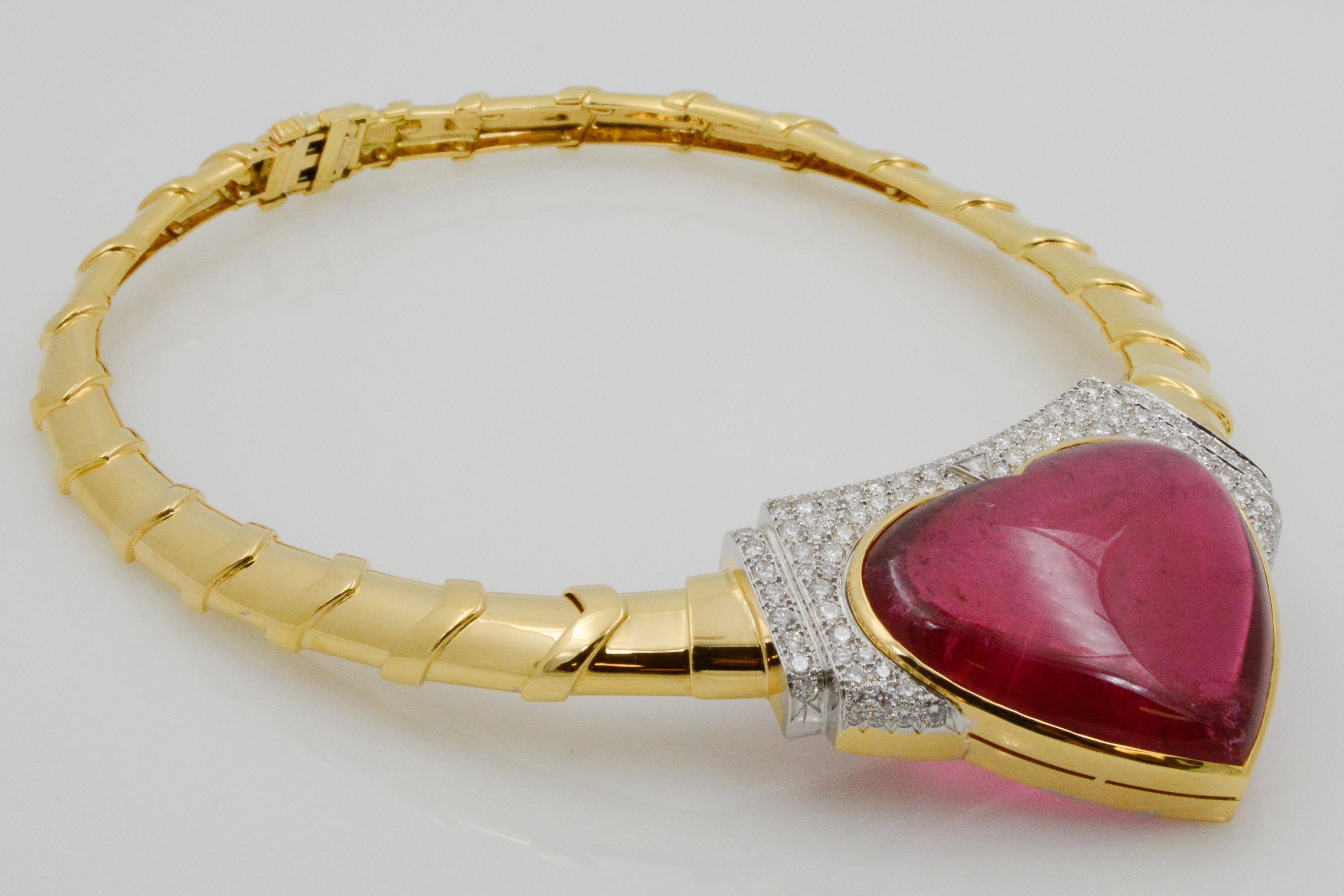 David Webb 18 Karat Gold and Platinum Heart Rubellite with Diamonds Necklace 3
