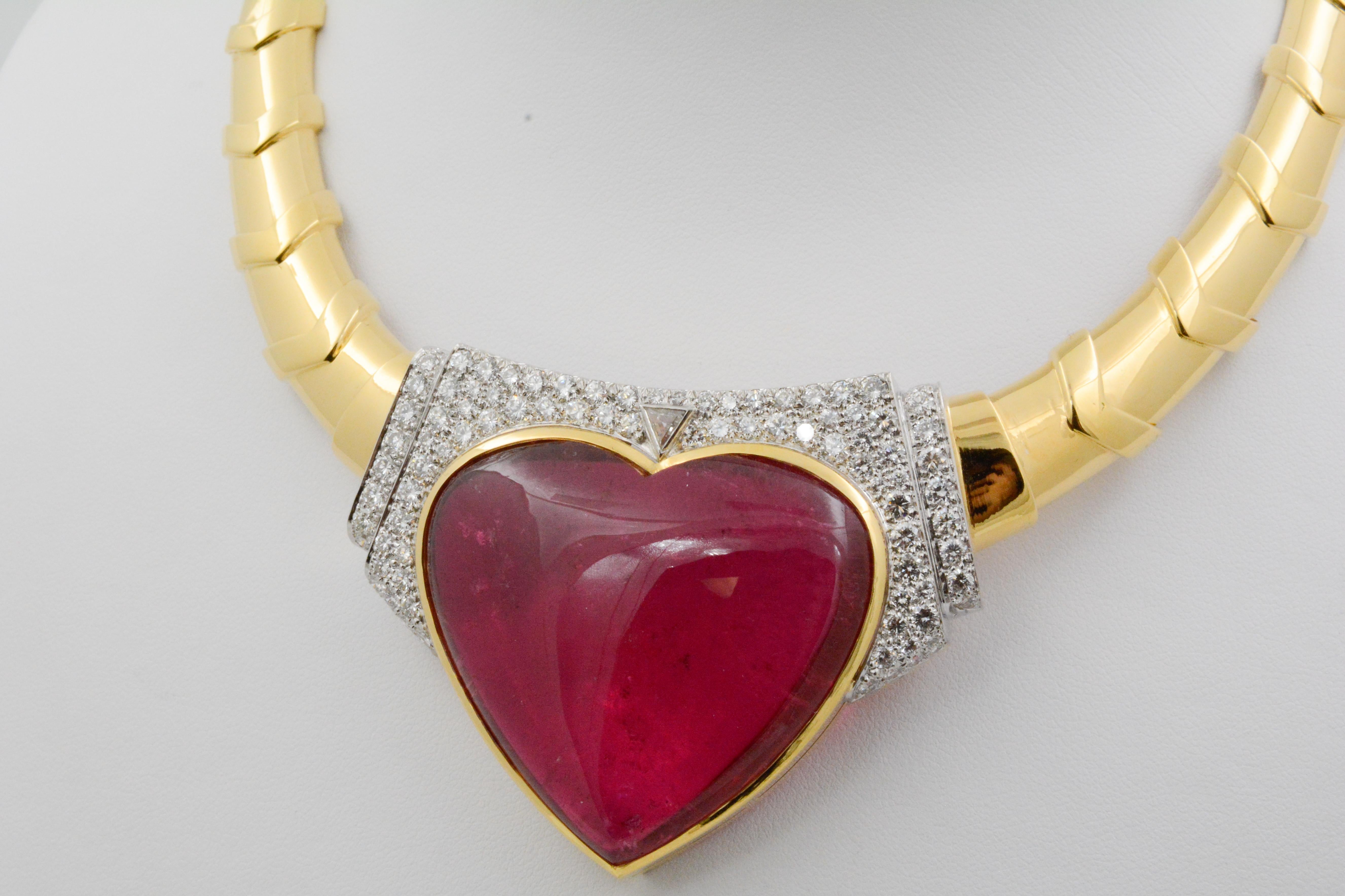 David Webb 18 Karat Gold and Platinum Heart Rubellite with Diamonds Necklace 4