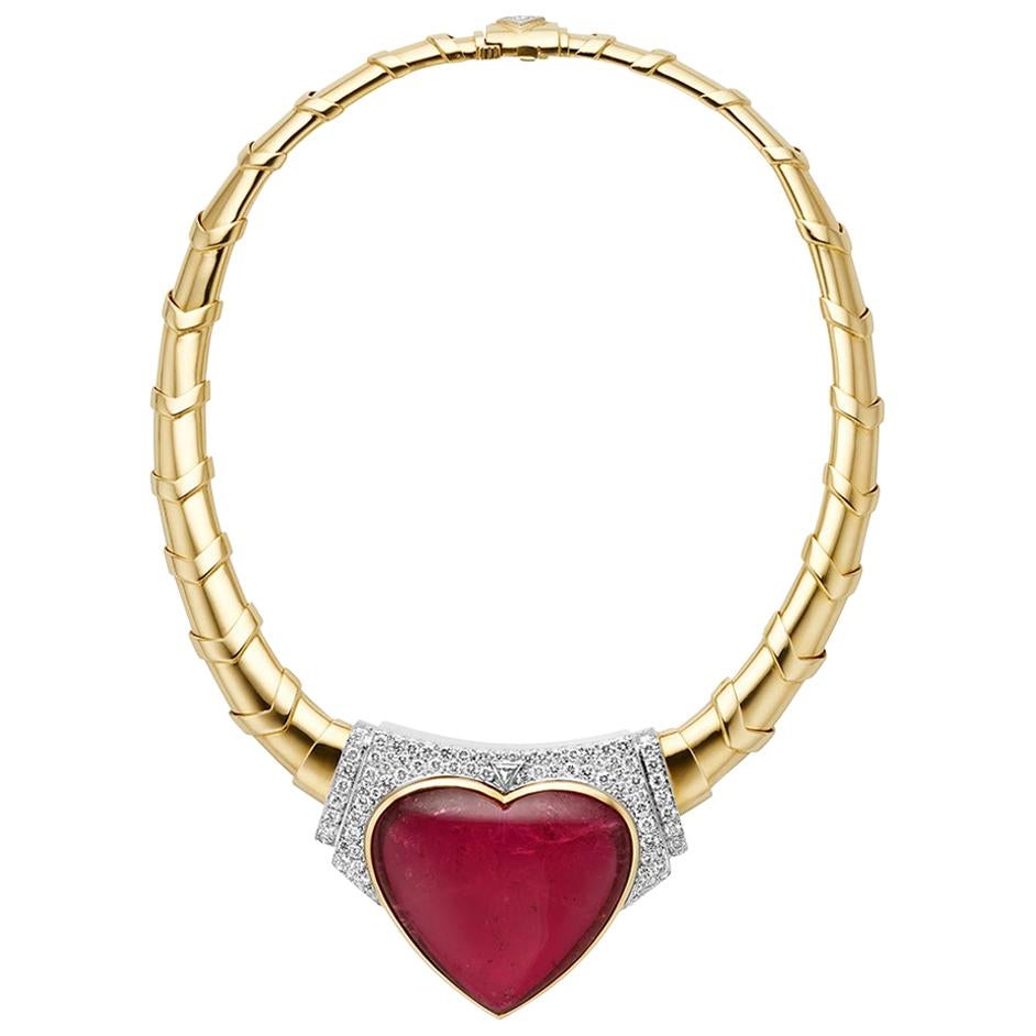 David Webb 18 Karat Gold and Platinum Heart Rubellite with Diamonds Necklace
