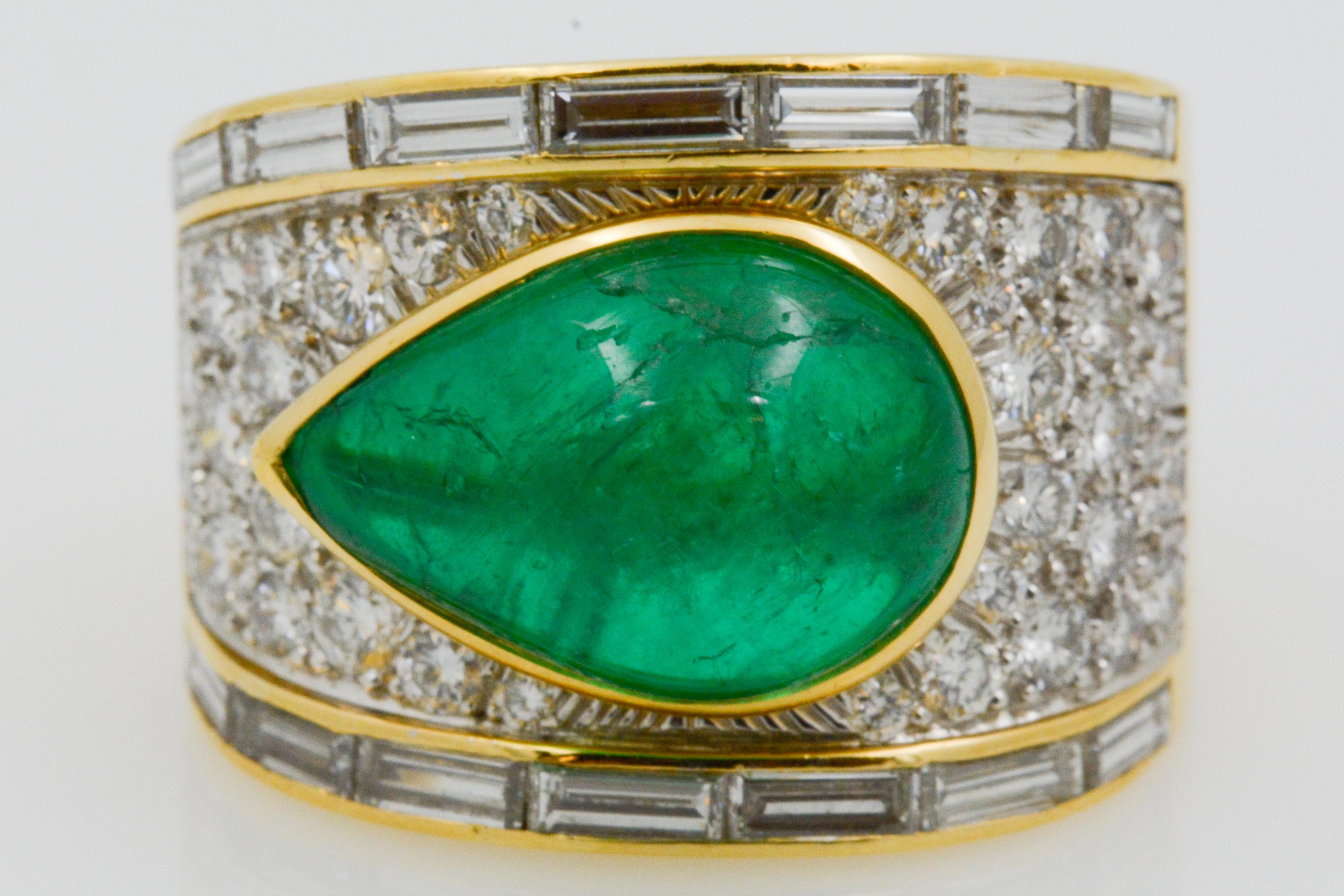 Modern David Webb Pear Cabochon Emerald with Diamonds 18 Karat Gold and Platinum Ring
