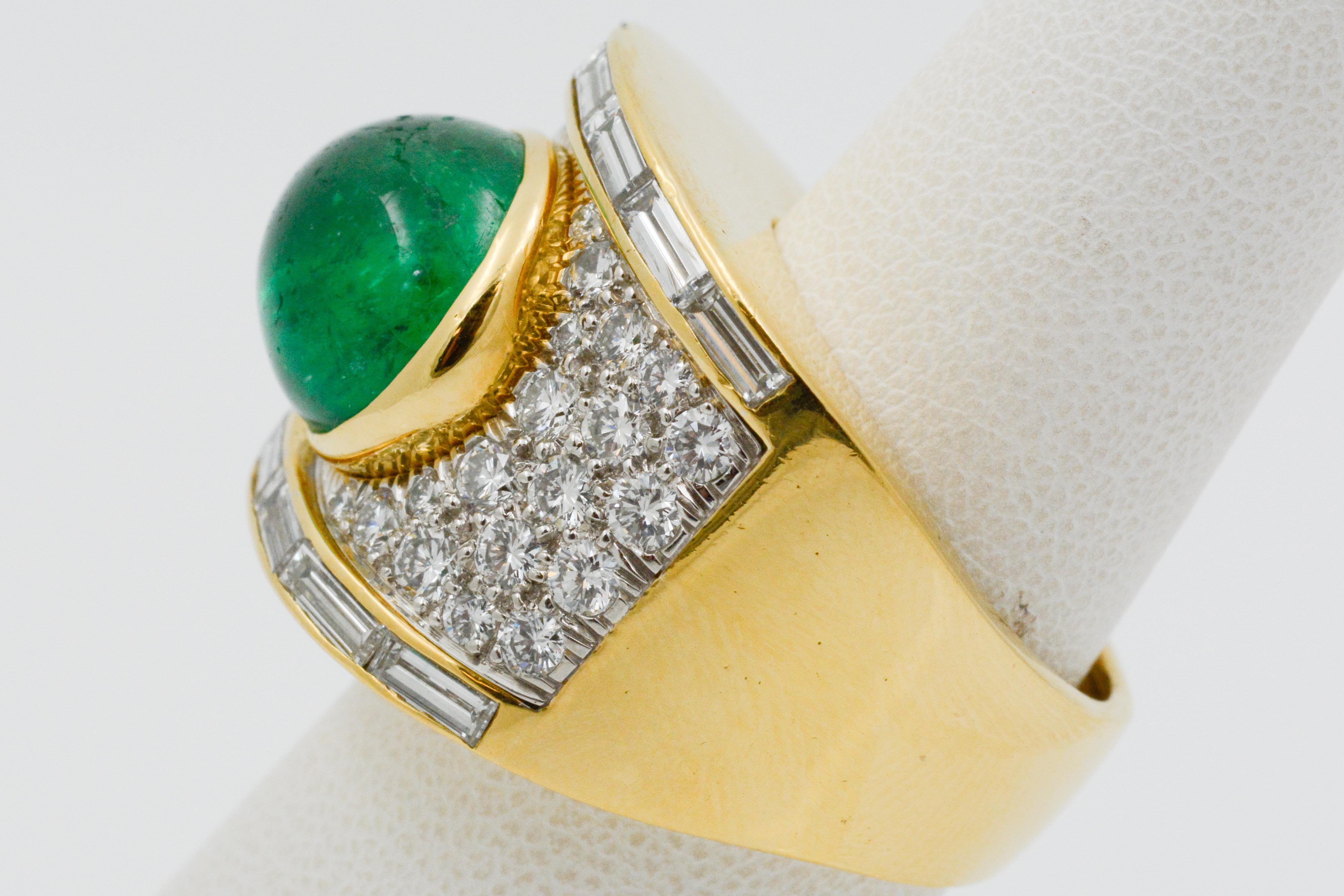 David Webb Pear Cabochon Emerald with Diamonds 18 Karat Gold and Platinum Ring 7