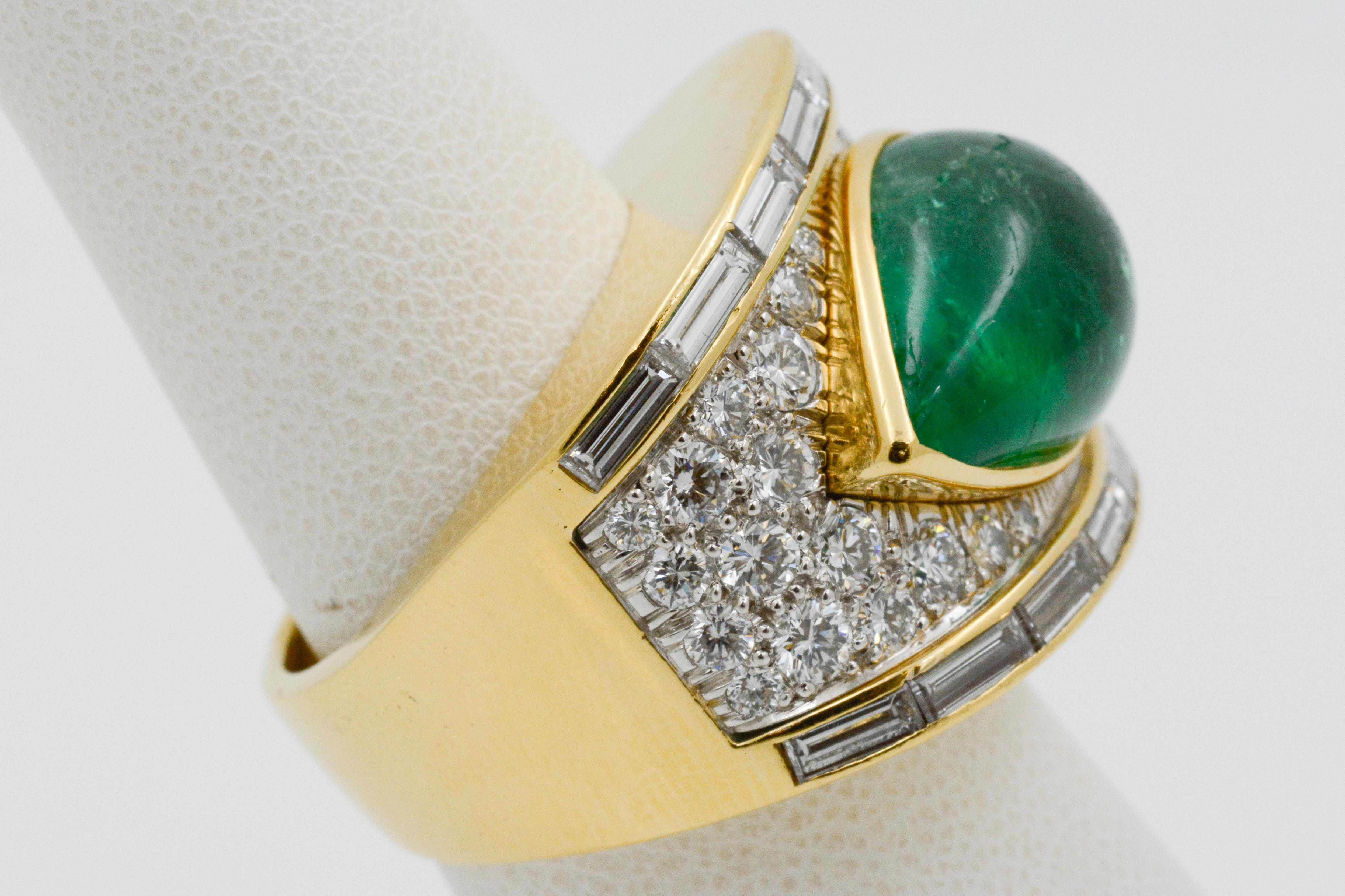 David Webb Pear Cabochon Emerald with Diamonds 18 Karat Gold and Platinum Ring 8