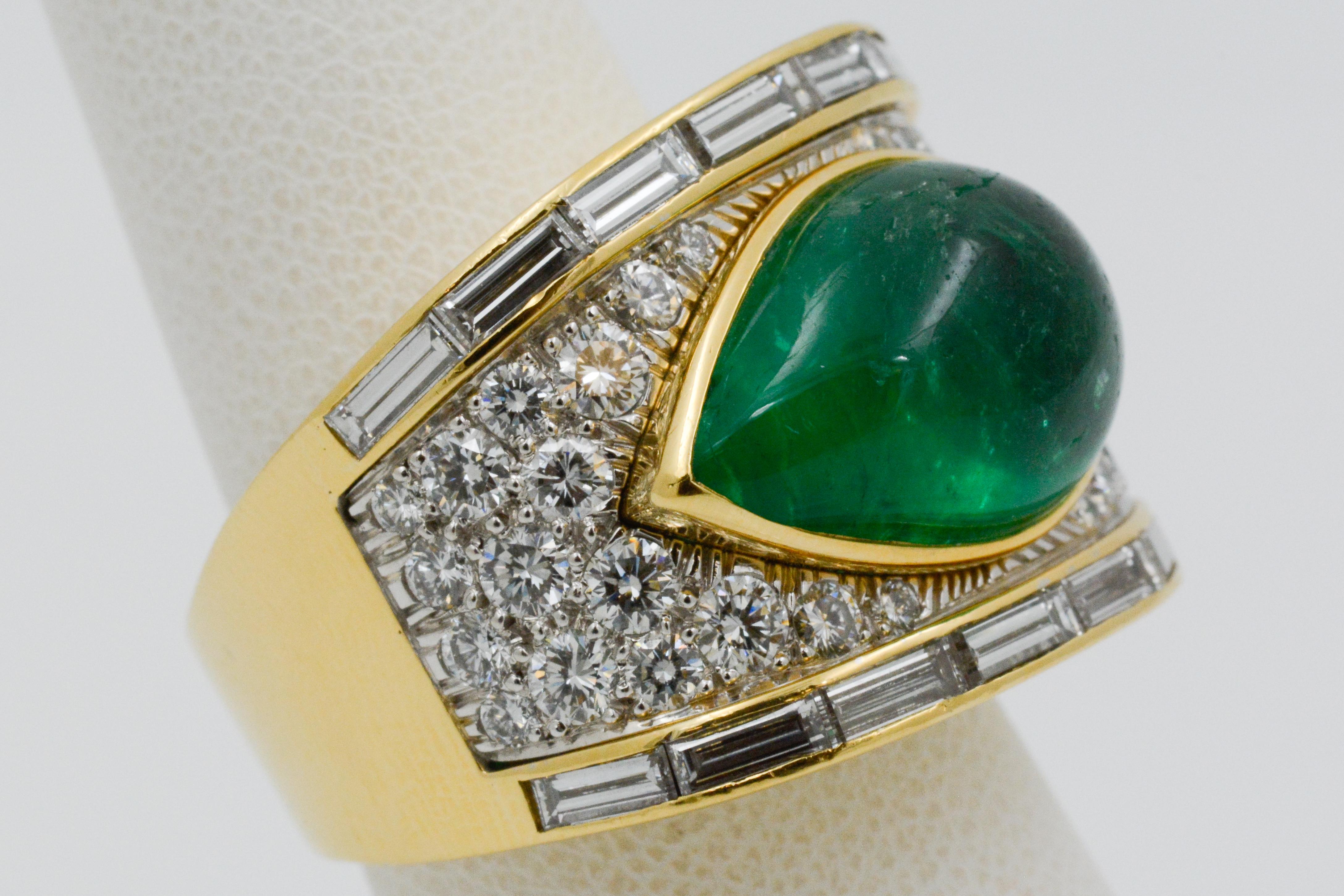 David Webb Pear Cabochon Emerald with Diamonds 18 Karat Gold and Platinum Ring 5