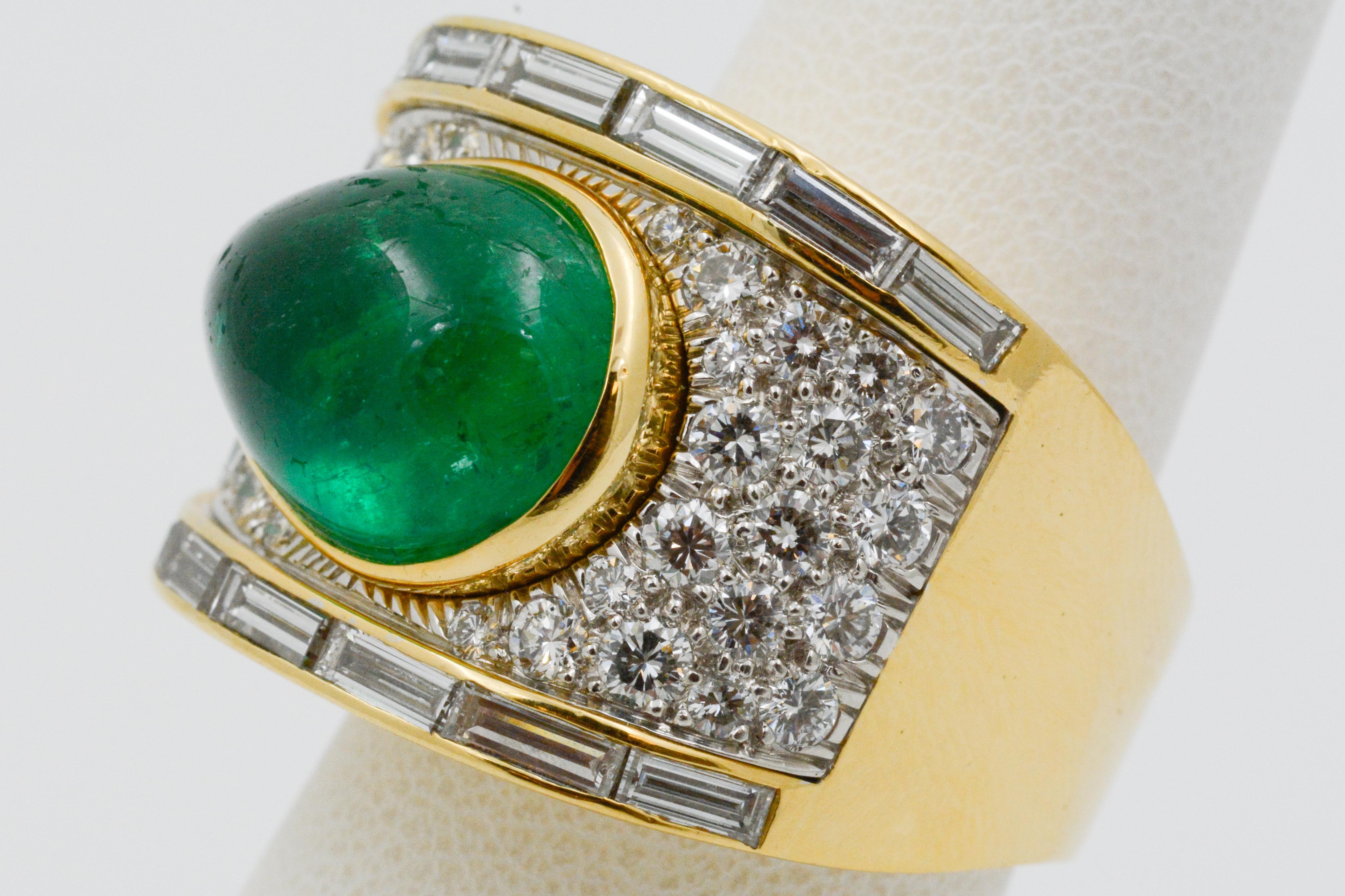 David Webb Pear Cabochon Emerald with Diamonds 18 Karat Gold and Platinum Ring 6