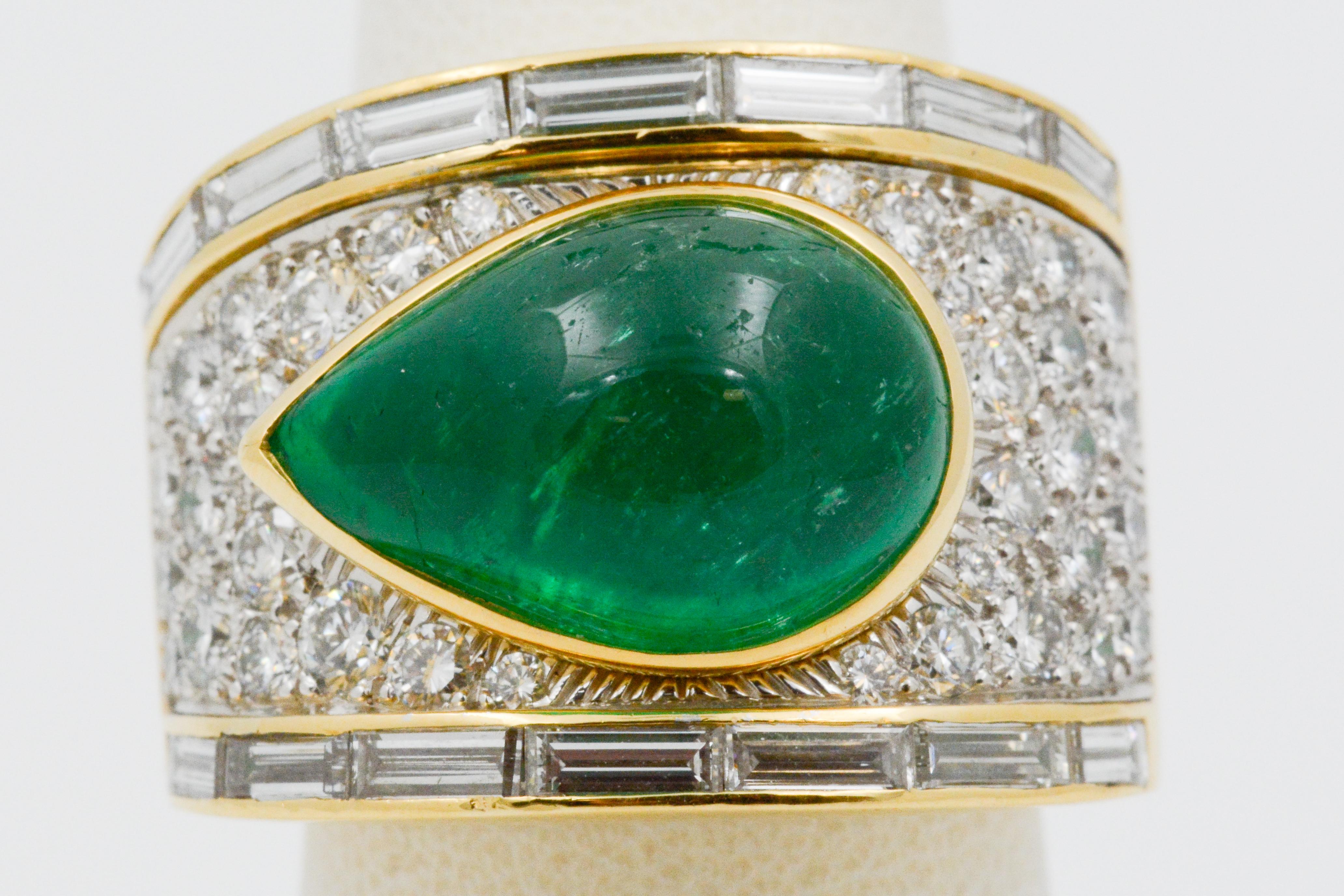 Pear Cut David Webb Pear Cabochon Emerald with Diamonds 18 Karat Gold and Platinum Ring