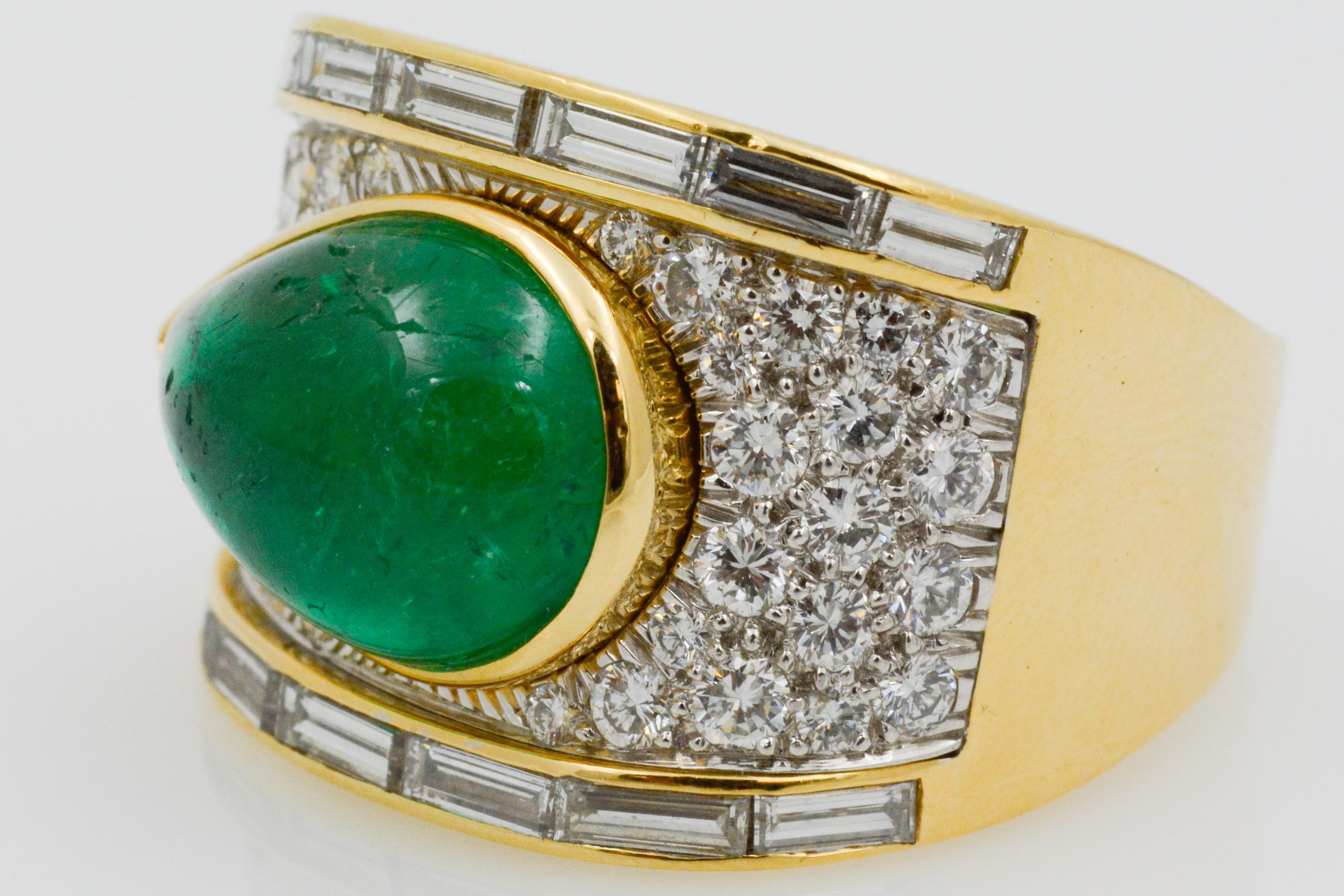 Women's David Webb Pear Cabochon Emerald with Diamonds 18 Karat Gold and Platinum Ring