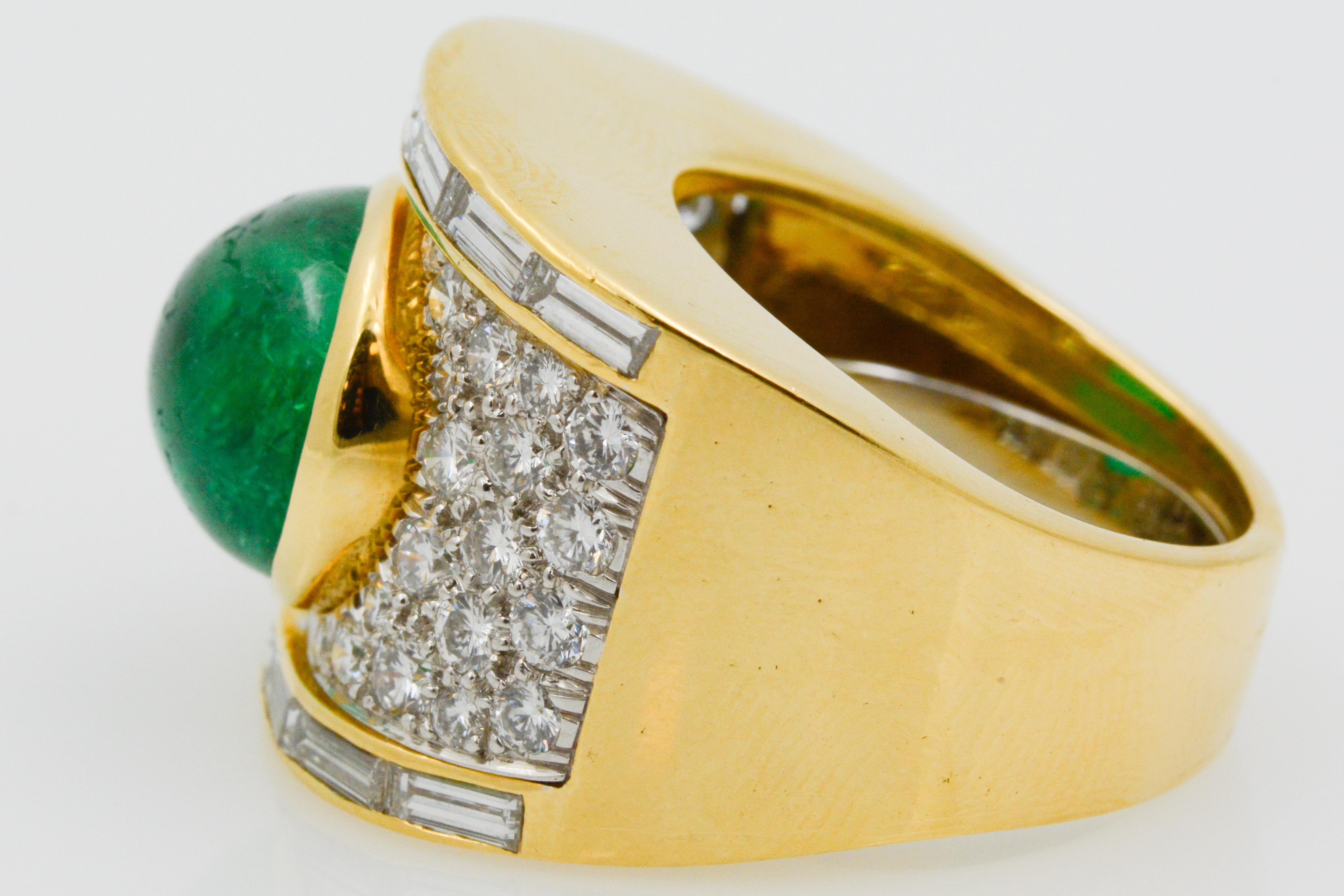 David Webb Pear Cabochon Emerald with Diamonds 18 Karat Gold and Platinum Ring 1
