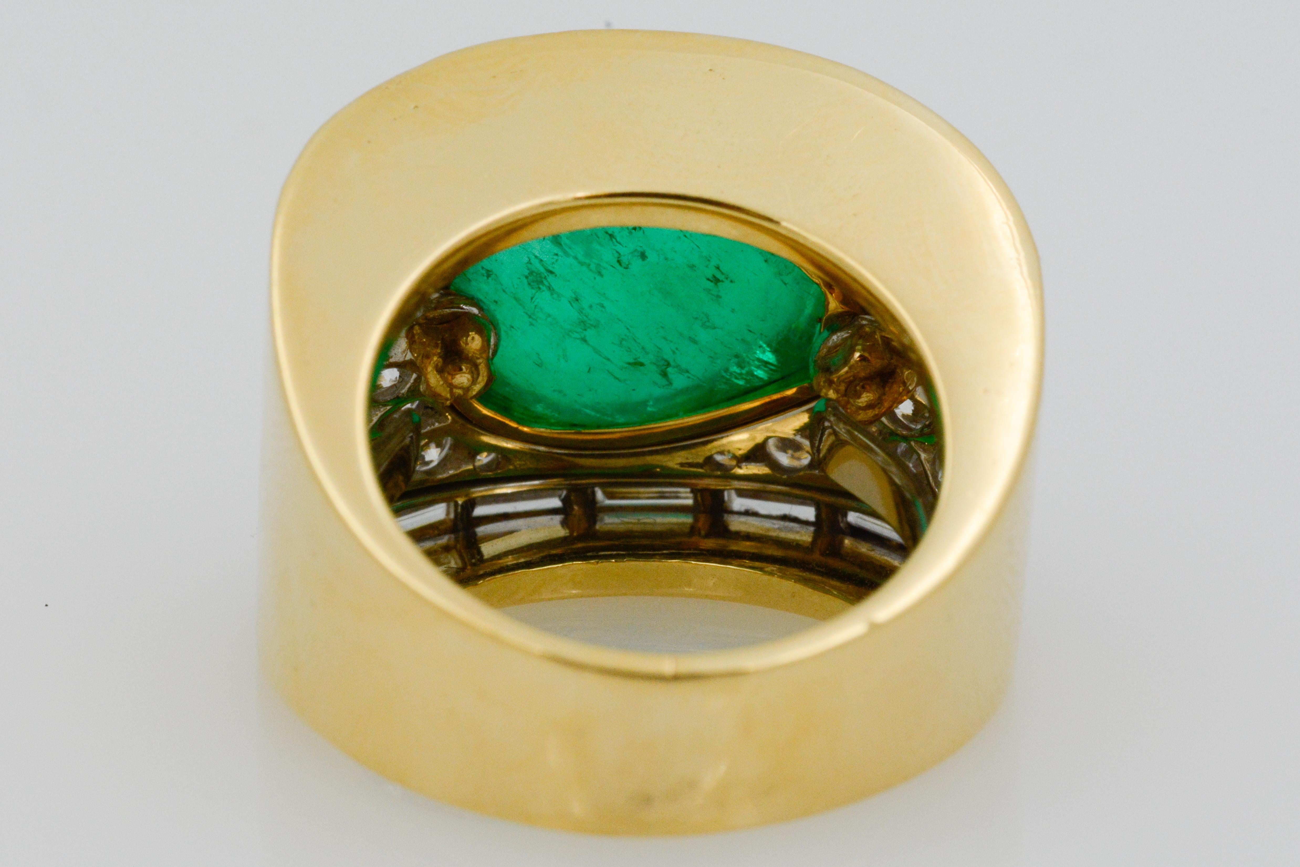 David Webb Pear Cabochon Emerald with Diamonds 18 Karat Gold and Platinum Ring 2