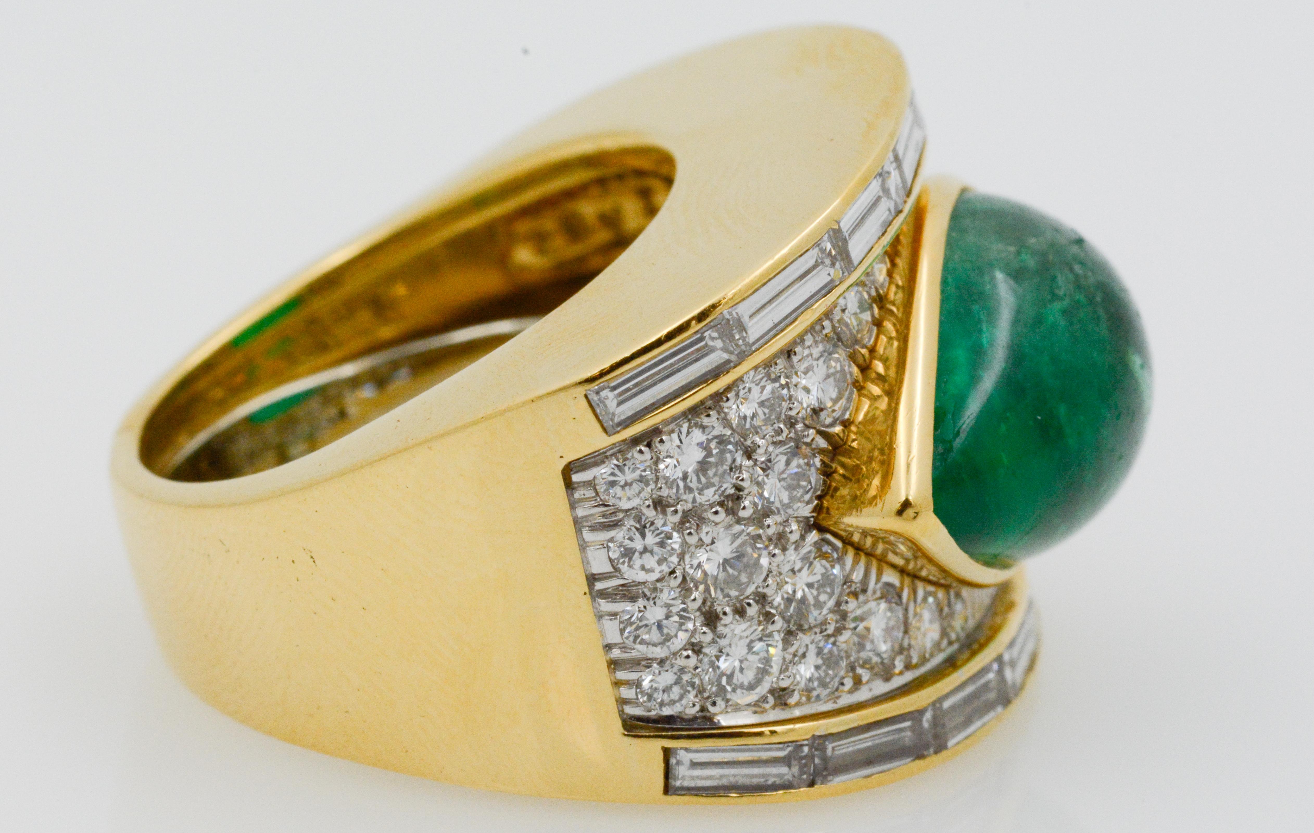 David Webb Pear Cabochon Emerald with Diamonds 18 Karat Gold and Platinum Ring 3