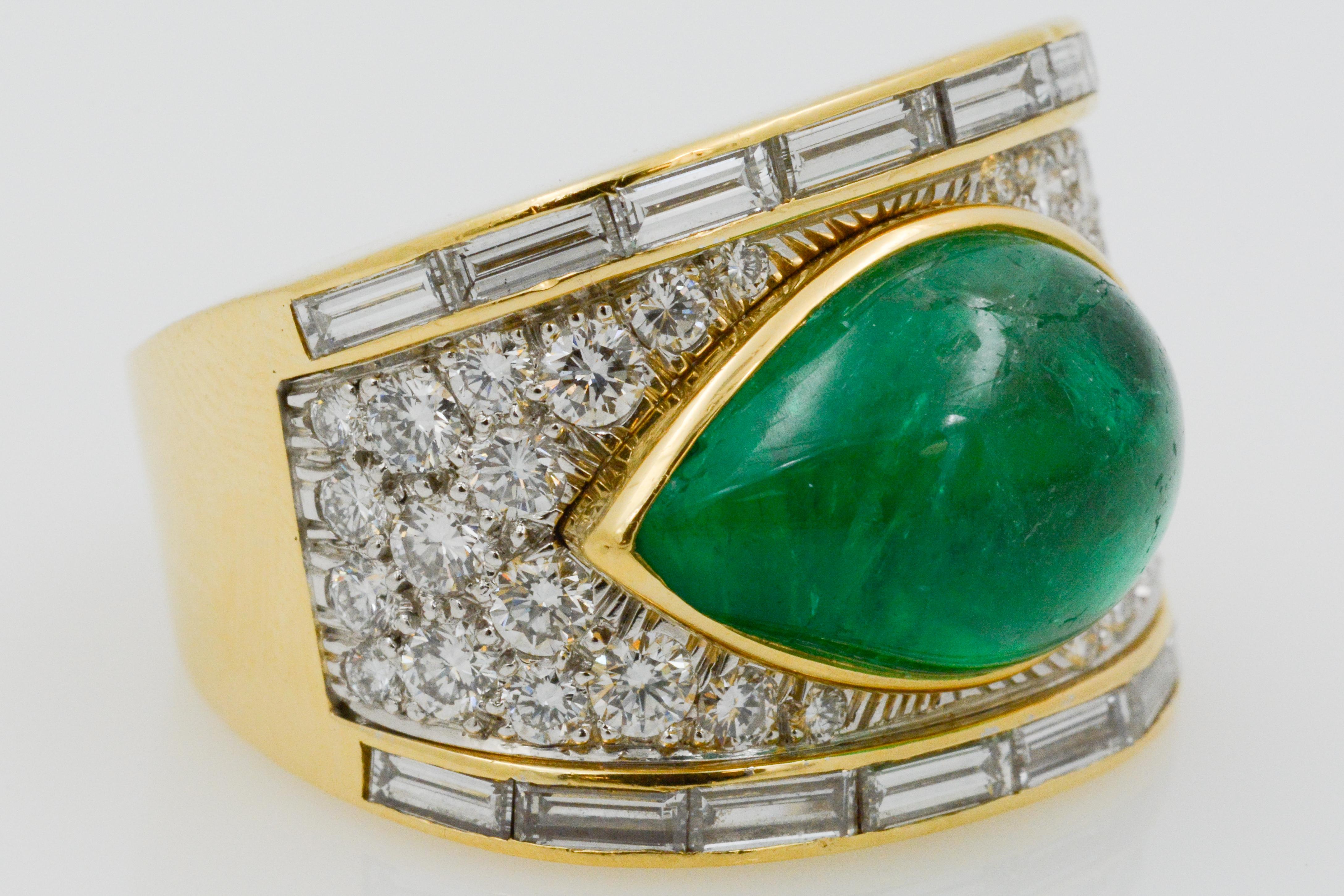 David Webb Pear Cabochon Emerald with Diamonds 18 Karat Gold and Platinum Ring 4