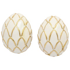 David Webb 18 Karat Gold and White Enamel Clip-On Earrings