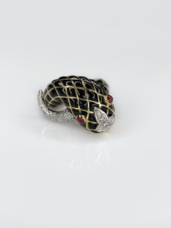David Webb 18 Karat Gold Black Enamel Diamond Ruby Cocktail Snake Ring