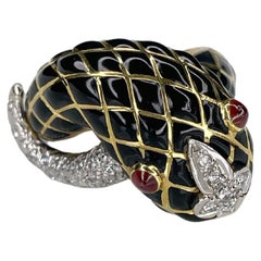 David Webb 18 Karat Gold Black Enamel Diamond Ruby Cocktail Snake Ring