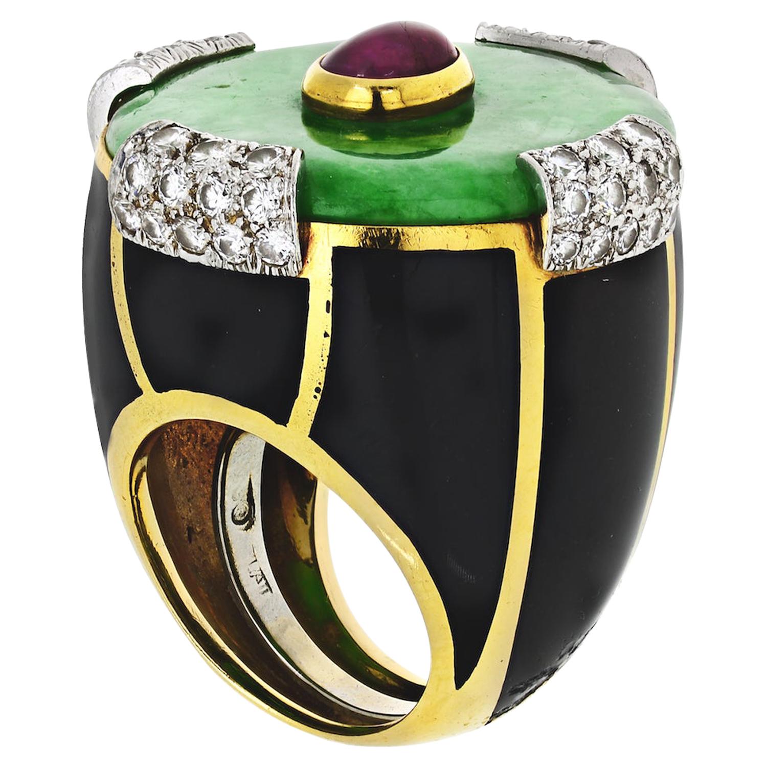 David Webb 18 Karat Gold Black Enamel Jade Diamond and Ruby Ring For Sale