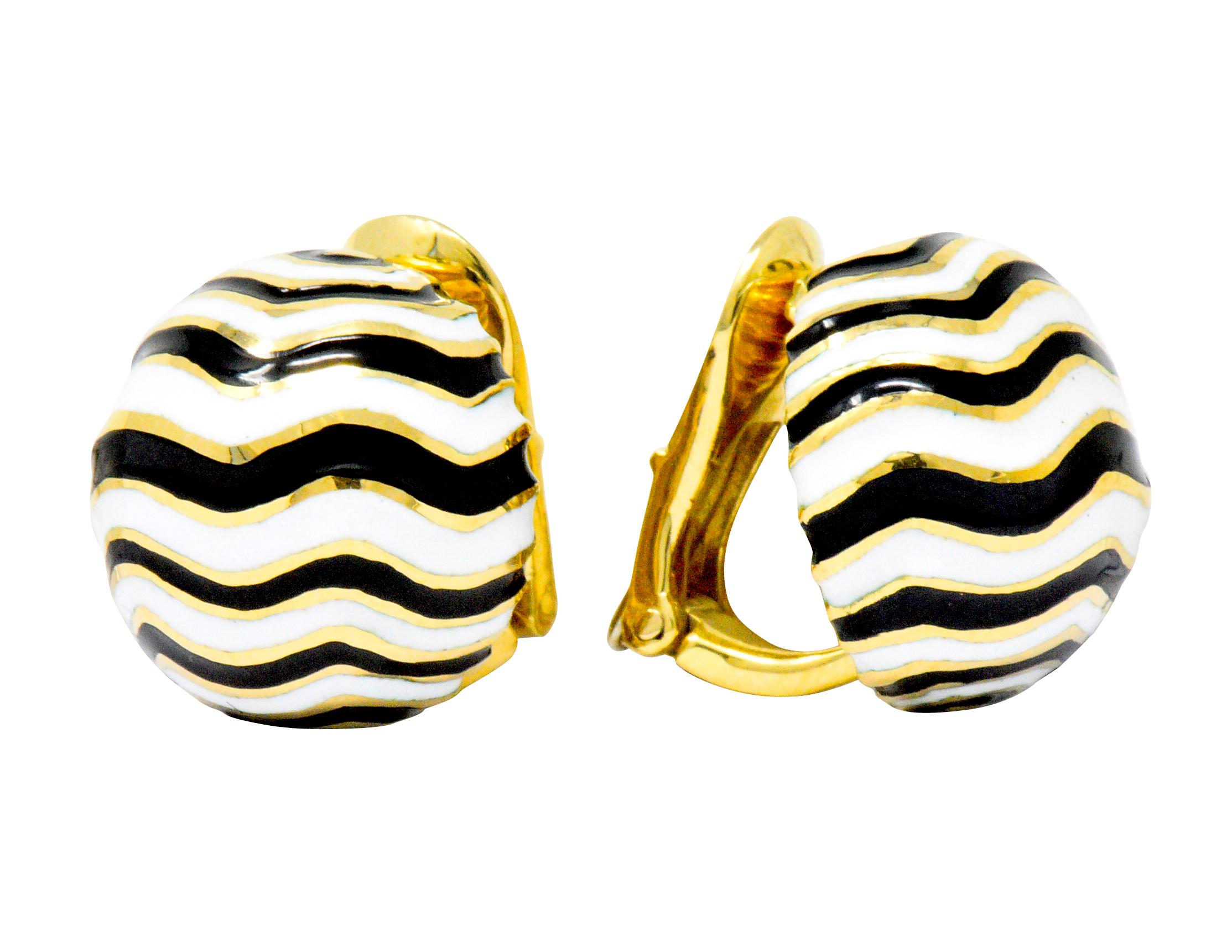 David Webb 18 Karat Gold Black White Enamel Zebra Kingdom Collection Ear Clips In Excellent Condition In Philadelphia, PA
