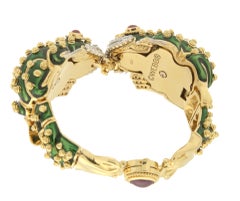 David Webb 18 Karat Gold Diamonds Ruby Green Enamel Frog Bracelet
