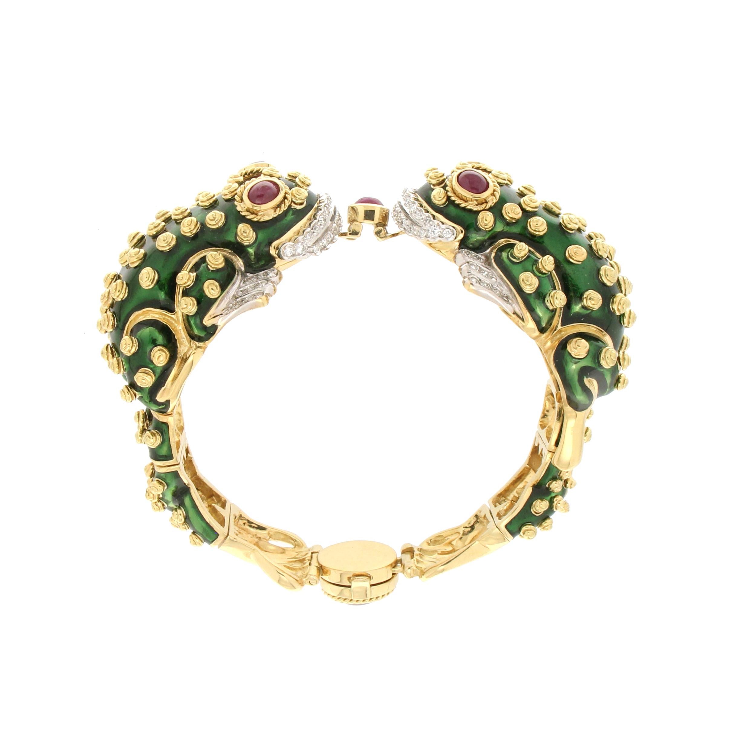 Brilliant Cut David Webb 18 Karat Gold Diamonds Ruby Green Enamel Frog Bracelet