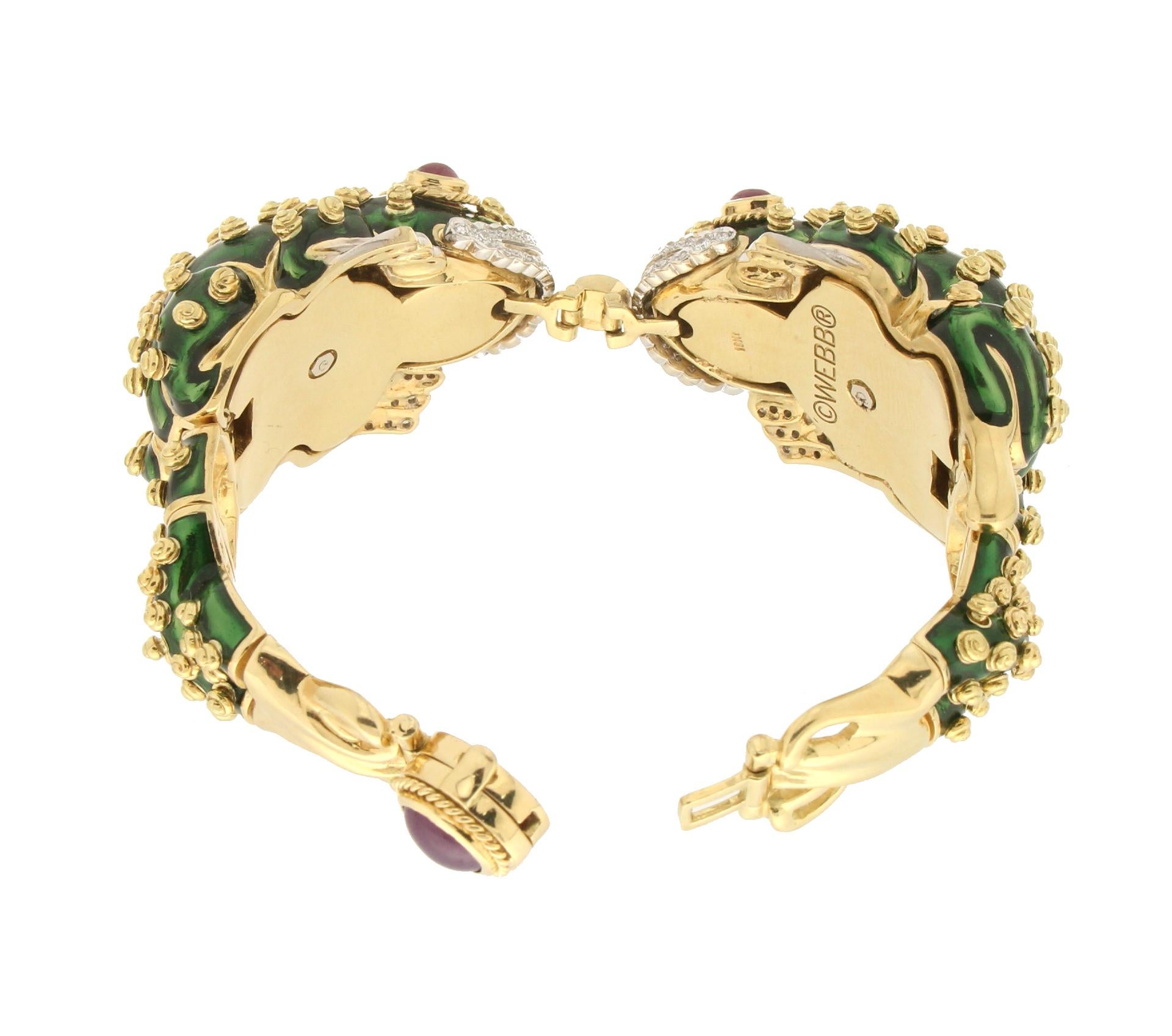 David Webb 18 Karat Gold Diamonds Ruby Green Enamel Frog Bracelet 1