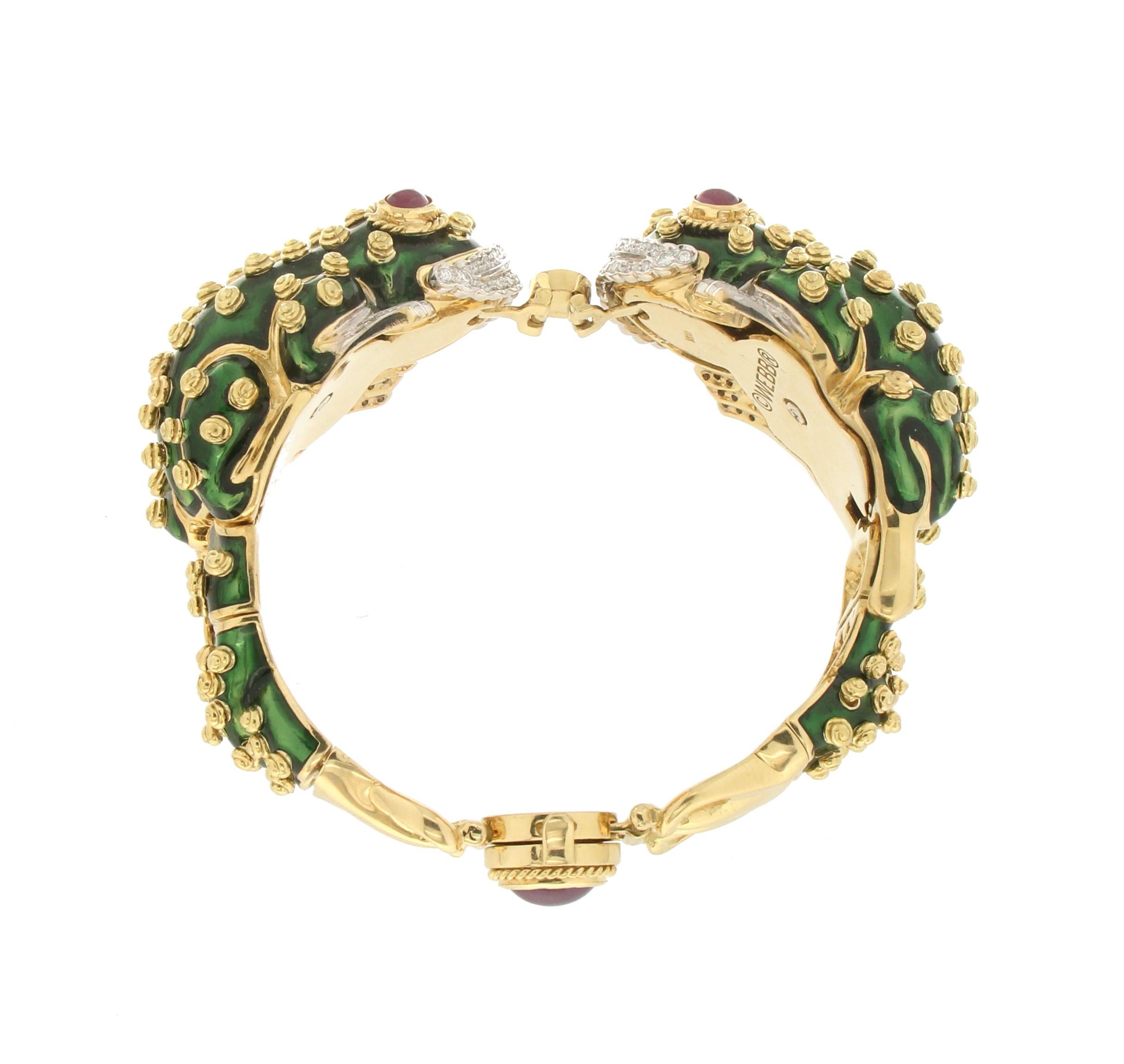 David Webb 18 Karat Gold Diamonds Ruby Green Enamel Frog Bracelet 2