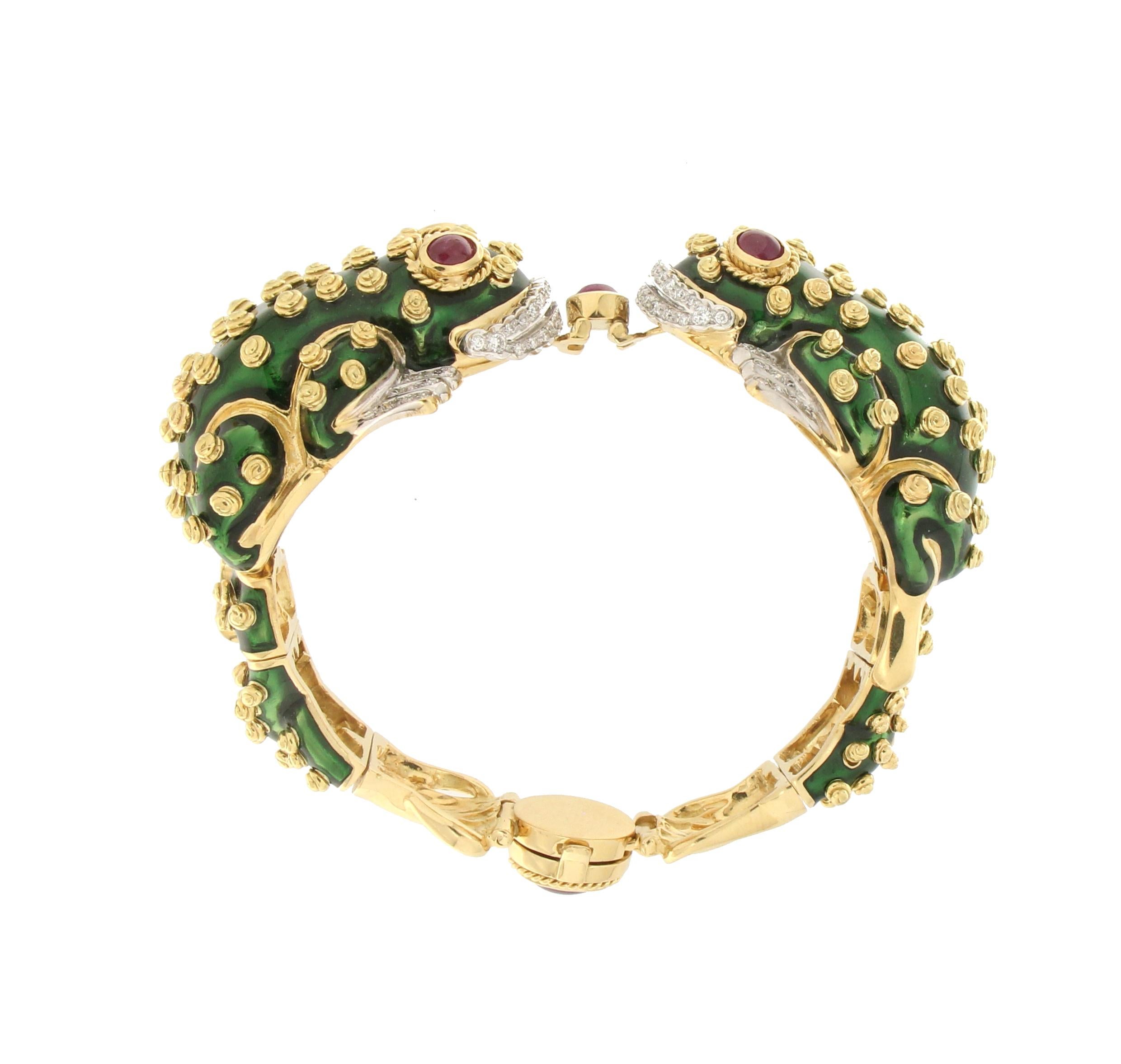 David Webb 18 Karat Gold Diamonds Ruby Green Enamel Frog Bracelet 3