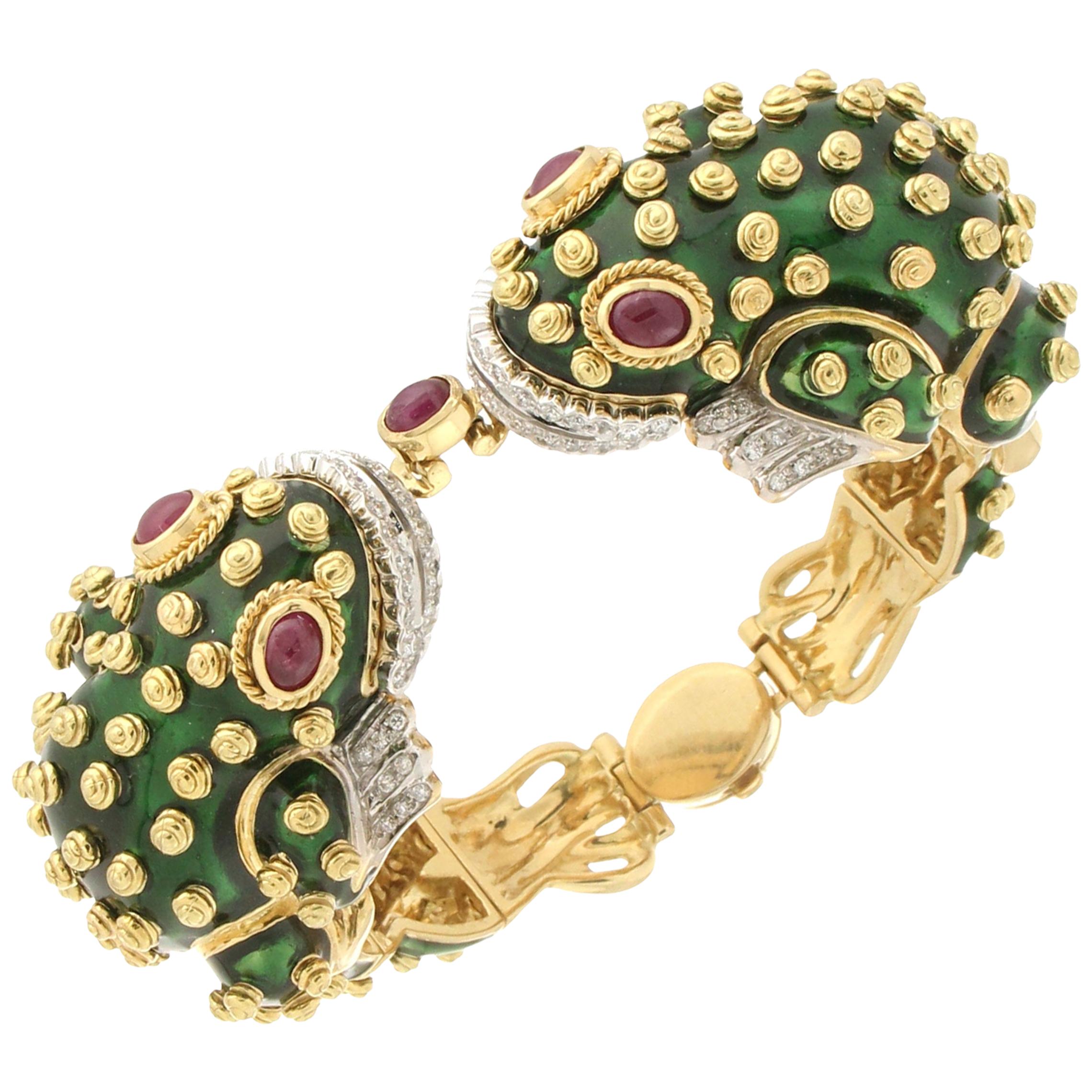 David Webb 18 Karat Gold Diamonds Ruby Green Enamel Frog Bracelet