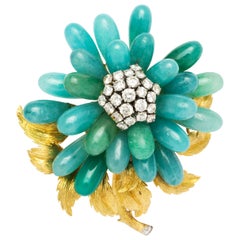 David Webb 18 Karat Gold Nephrite Jade Chrysoprase and Diamond Brooch