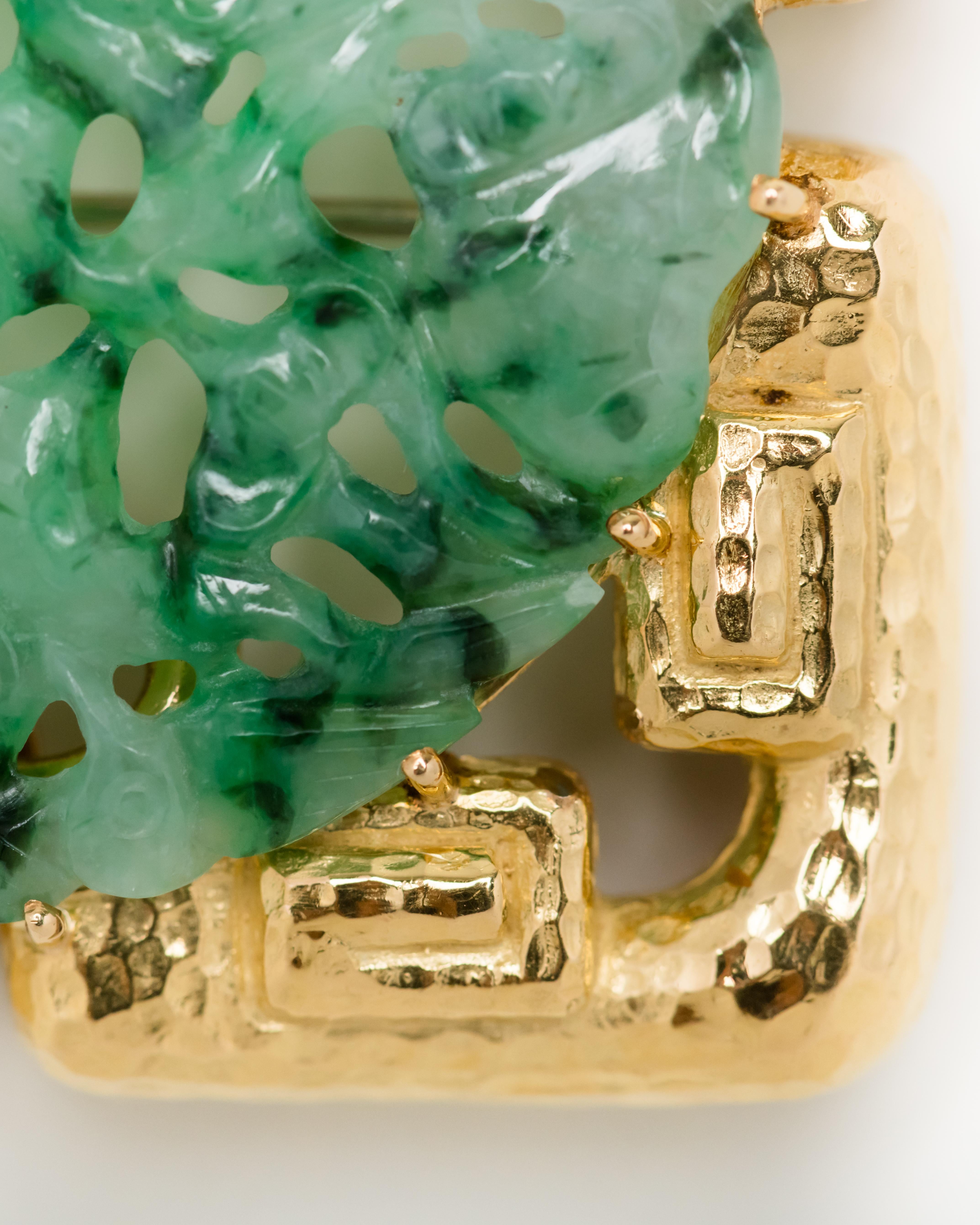 David Webb 18 Karat Gold Pendant/Brooch Inset with Antique Carved Jadeite In Excellent Condition In West Hollywood, CA