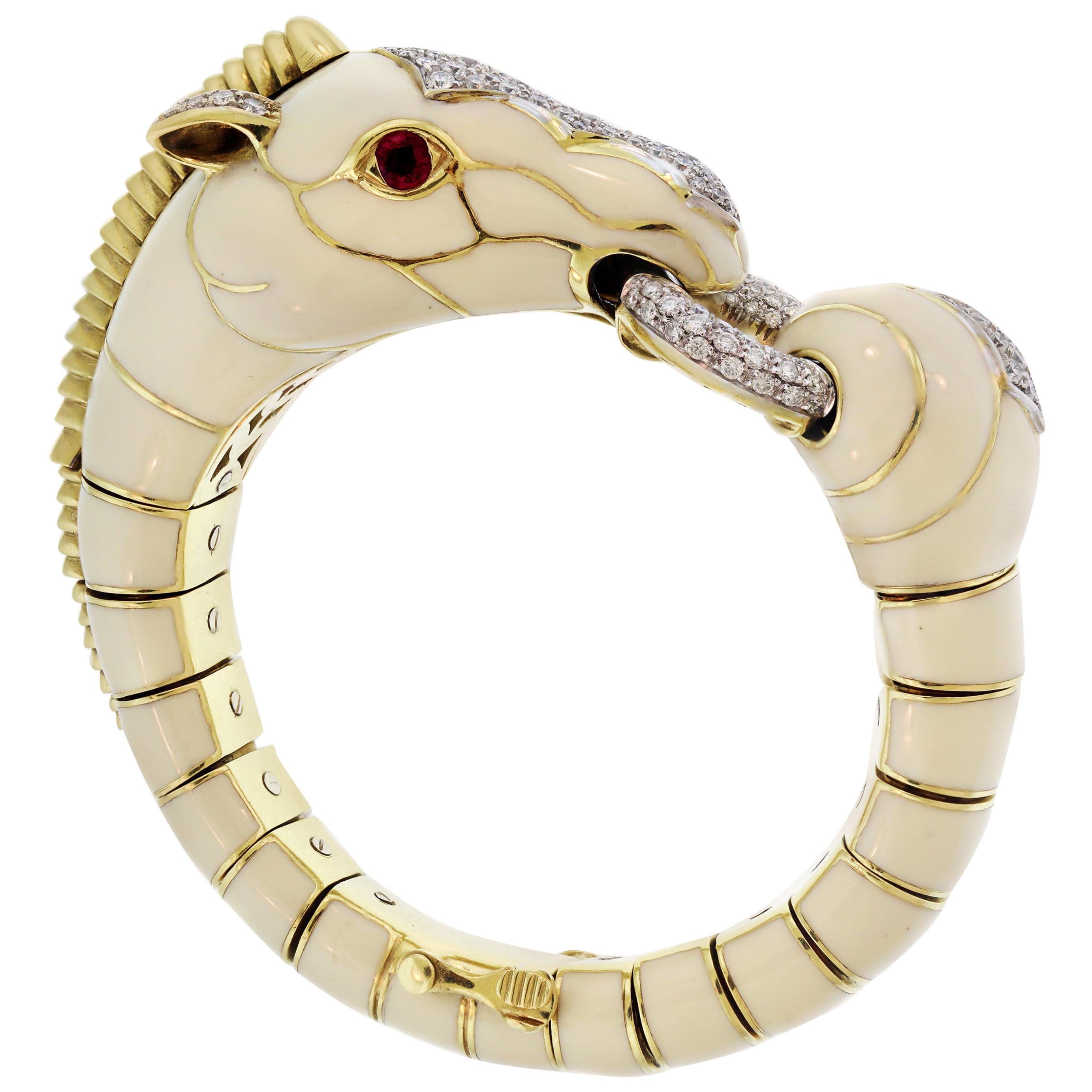 David Webb 18 Karat Gold Platinum White Enamel Diamond Ruby Horse Zebra Bracelet