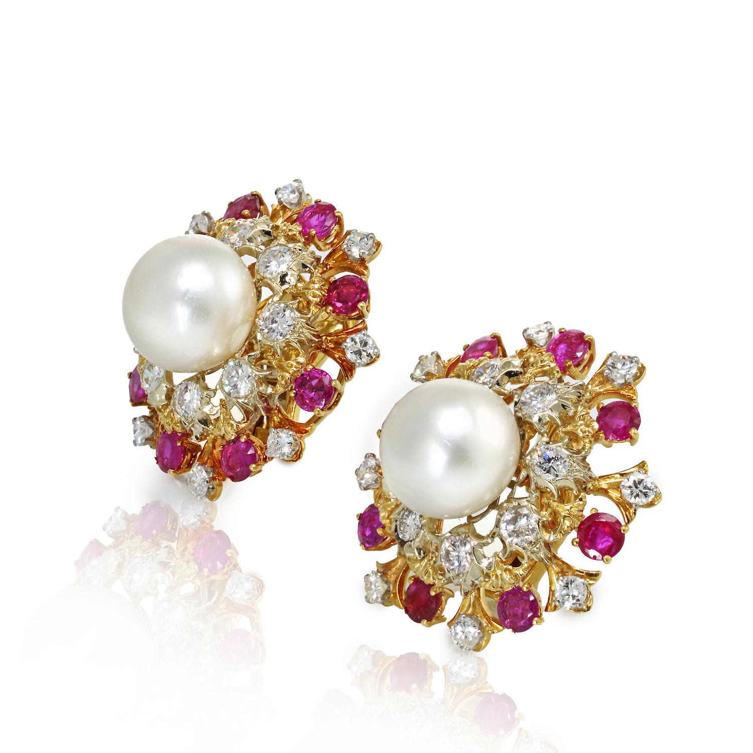 Modern David Webb 18 Karat Gold South Sea Cultured Pearl Diamond and Ruby Earrings For Sale