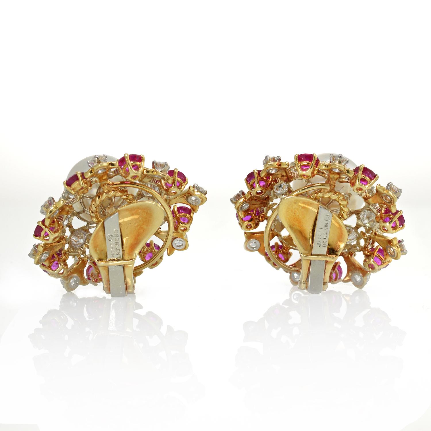 Women's David Webb 18 Karat Gold South Sea Cultured Pearl Diamond and Ruby Earrings For Sale