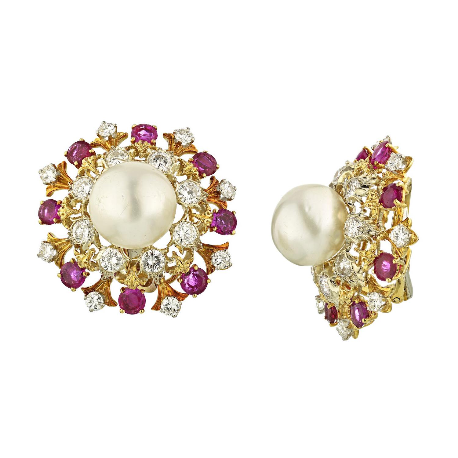 David Webb 18 Karat Gold South Sea Cultured Pearl Diamond and Ruby Earrings For Sale