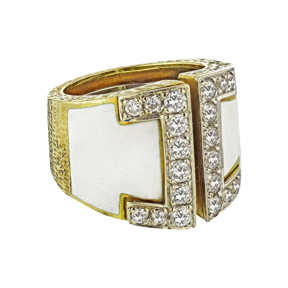 David Webb 18 Karat Gold White Enamel Diamond Gap Large Model Ring
