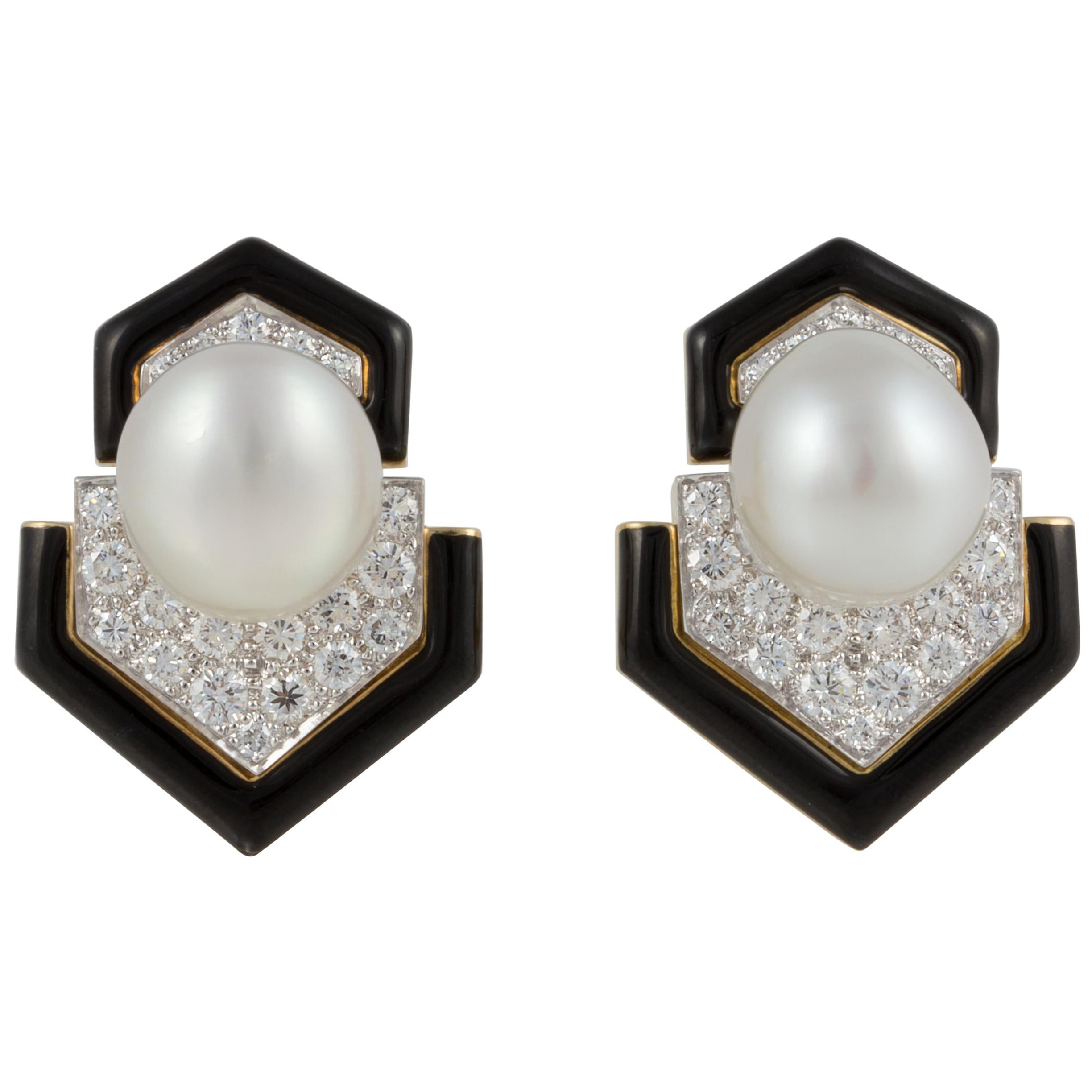 David Webb Black Enamel Pearl and Diamond Earrings