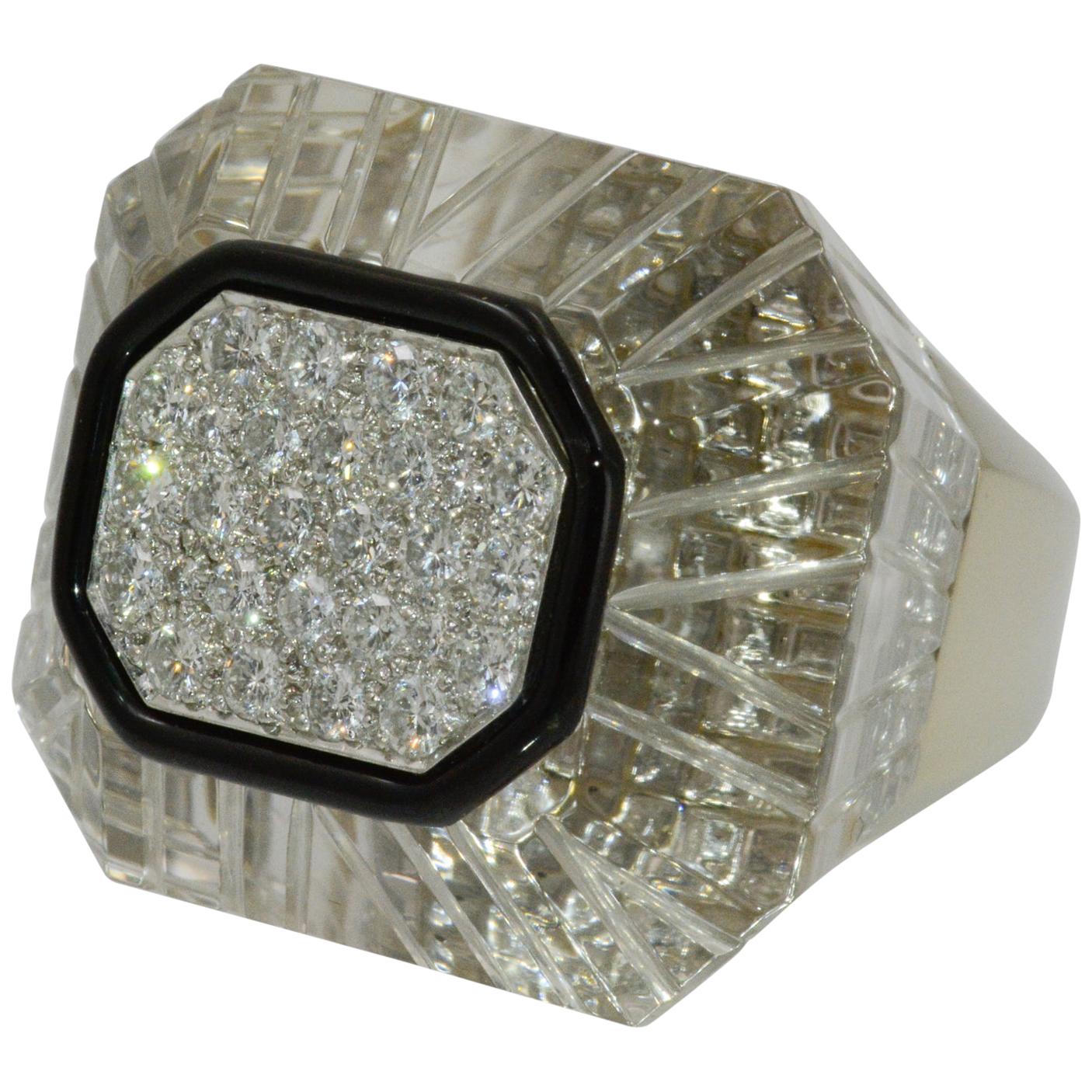 Modern David Webb 18 Karat White Gold and Platinum Diamond Rock Crystal Ring