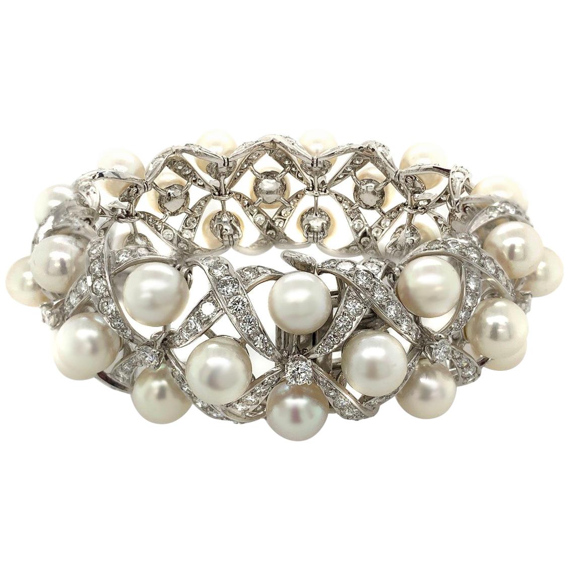 David Webb 18 Karat White Gold Diamond Cultured Pearl Bracelet