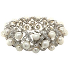 David Webb 18 Karat White Gold Diamond Cultured Pearl Bracelet