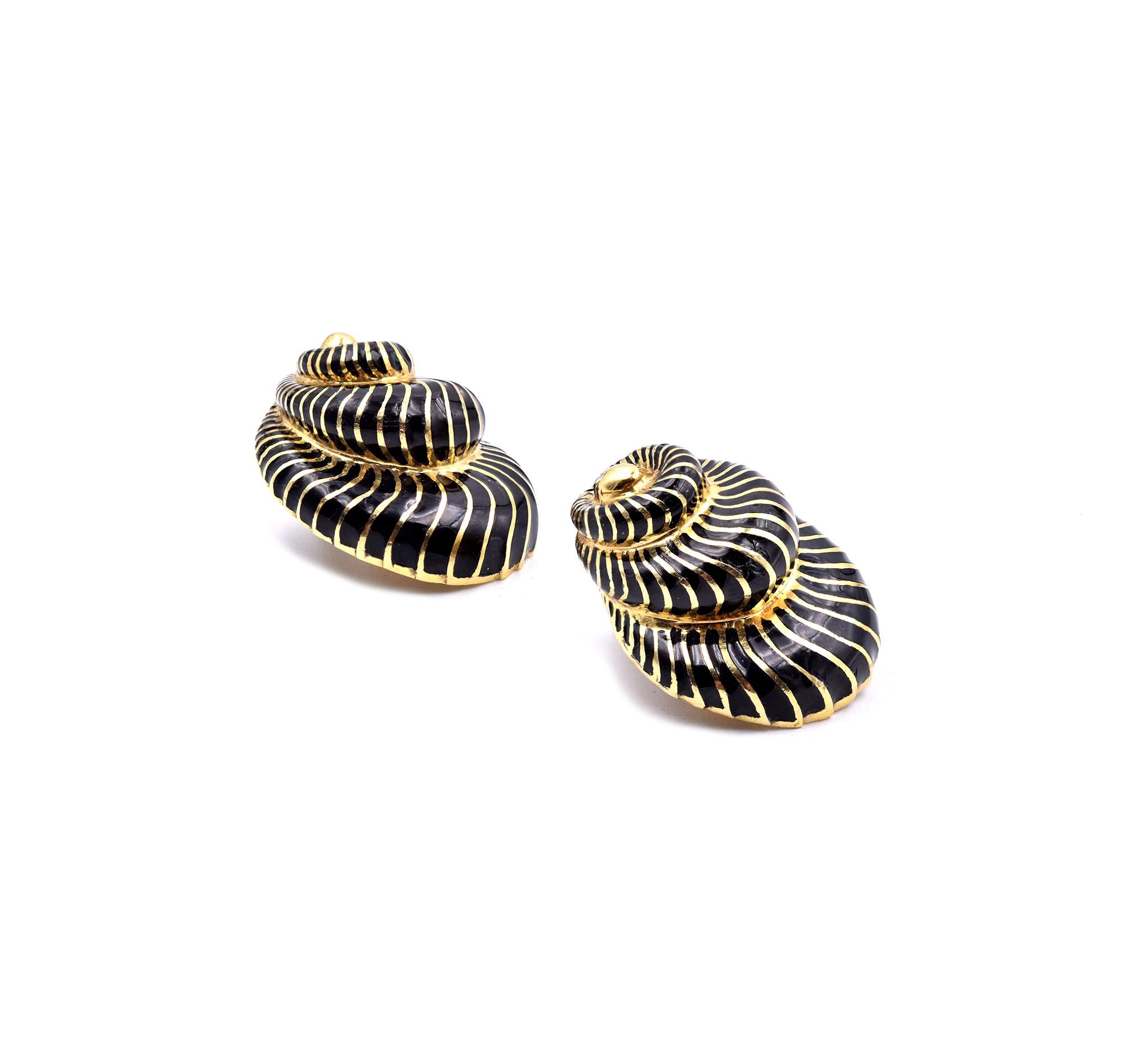 Designer: David Webb
Material: 18K yellow gold
Weight: 36.72 grams
Measurements: earrings measure 30X 23.5mm 
