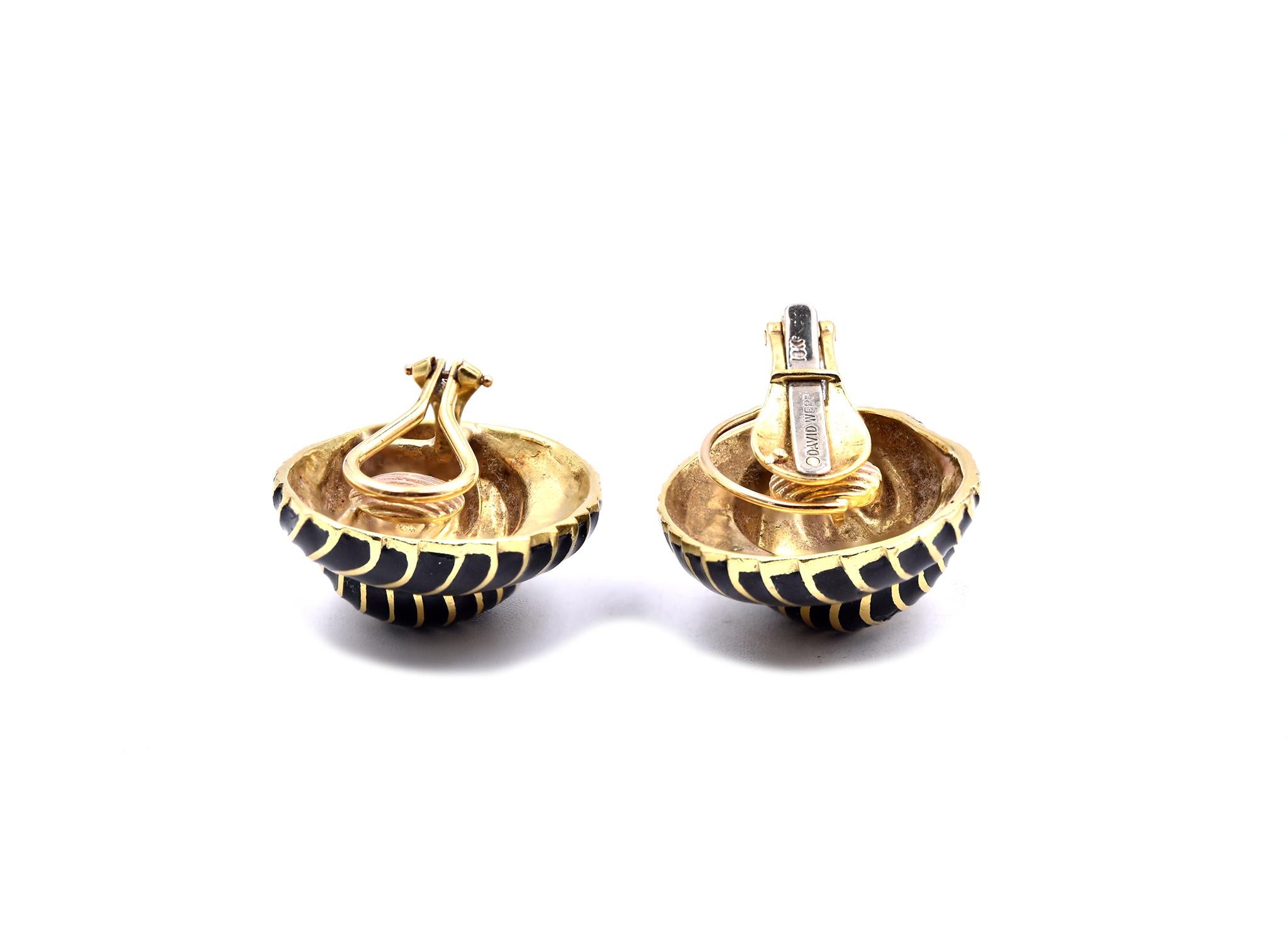 Women's David Webb 18 Karat Yellow Gold and Black Enamel Seashell Earrings