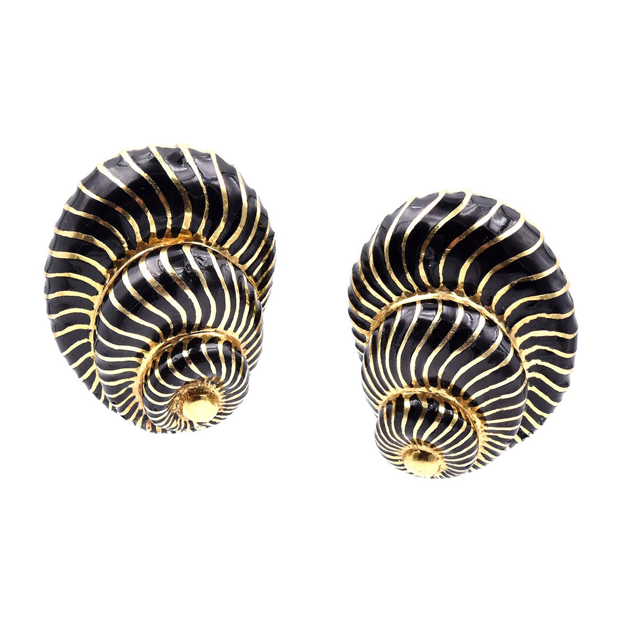 David Webb 18 Karat Yellow Gold and Black Enamel Seashell Earrings