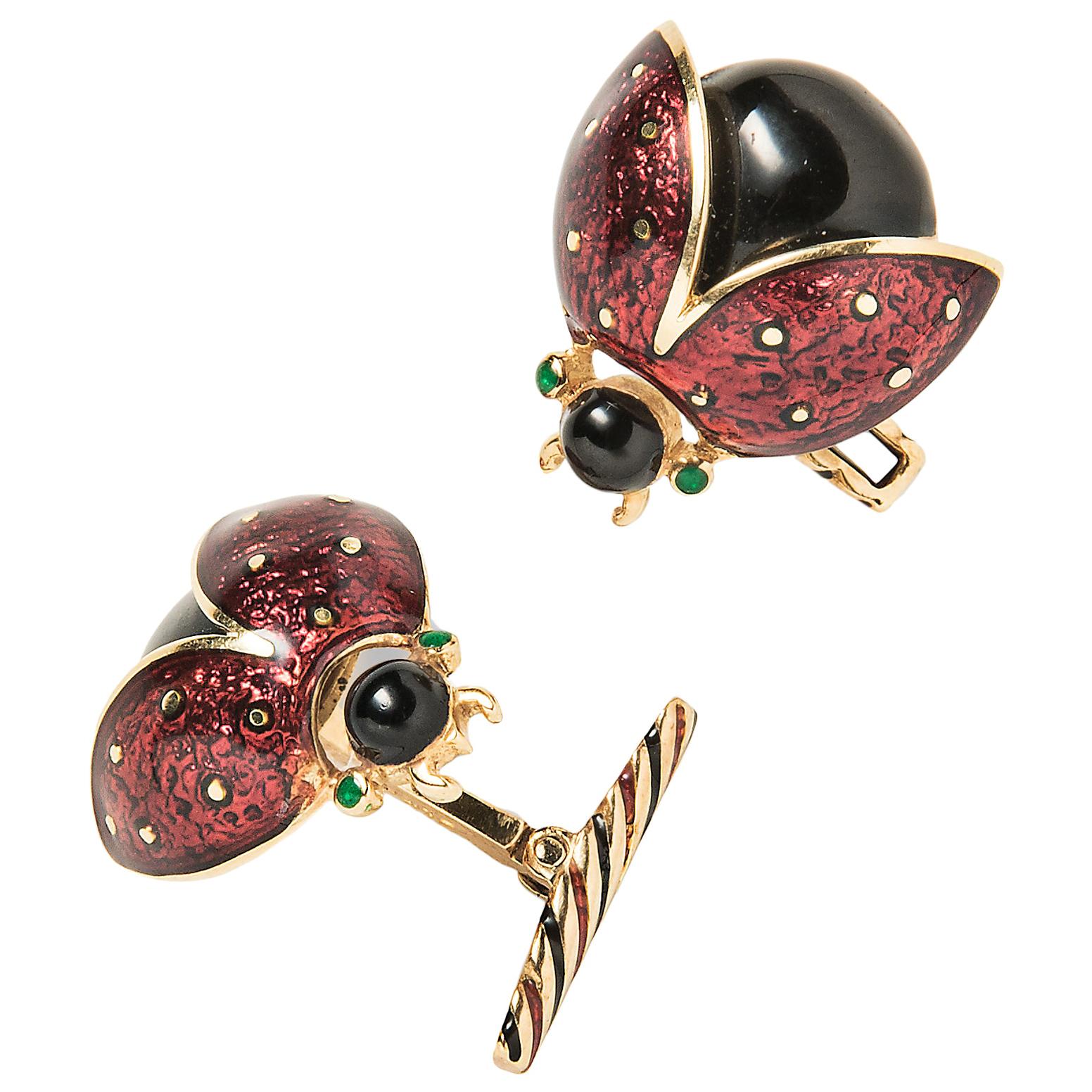 David Webb 18 Karat Yellow Gold and Enamel Lady Bug Cufflinks