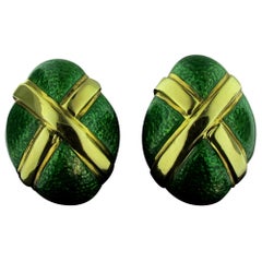 David Webb 18 Karat Yellow Gold and Green Enamel Earrings