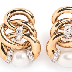 David Webb 18 Karat Yellow Gold and Pearl Three Zero Ear Clips