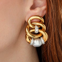 David Webb 18 Karat Yellow Gold and Pearl Three Zero Ear Clips