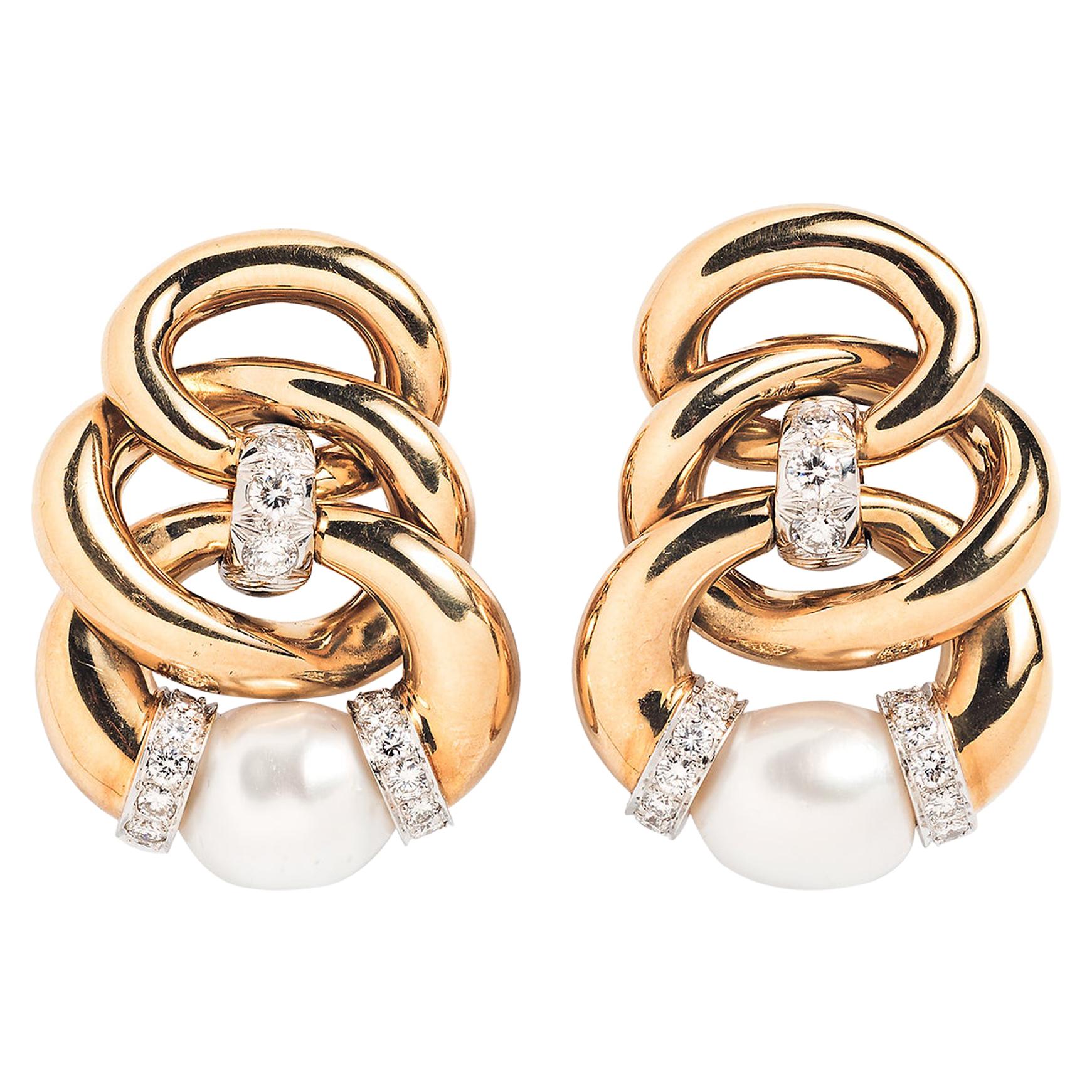 David Webb 18 Karat Yellow Gold and Pearl Three Zero Ear Clips