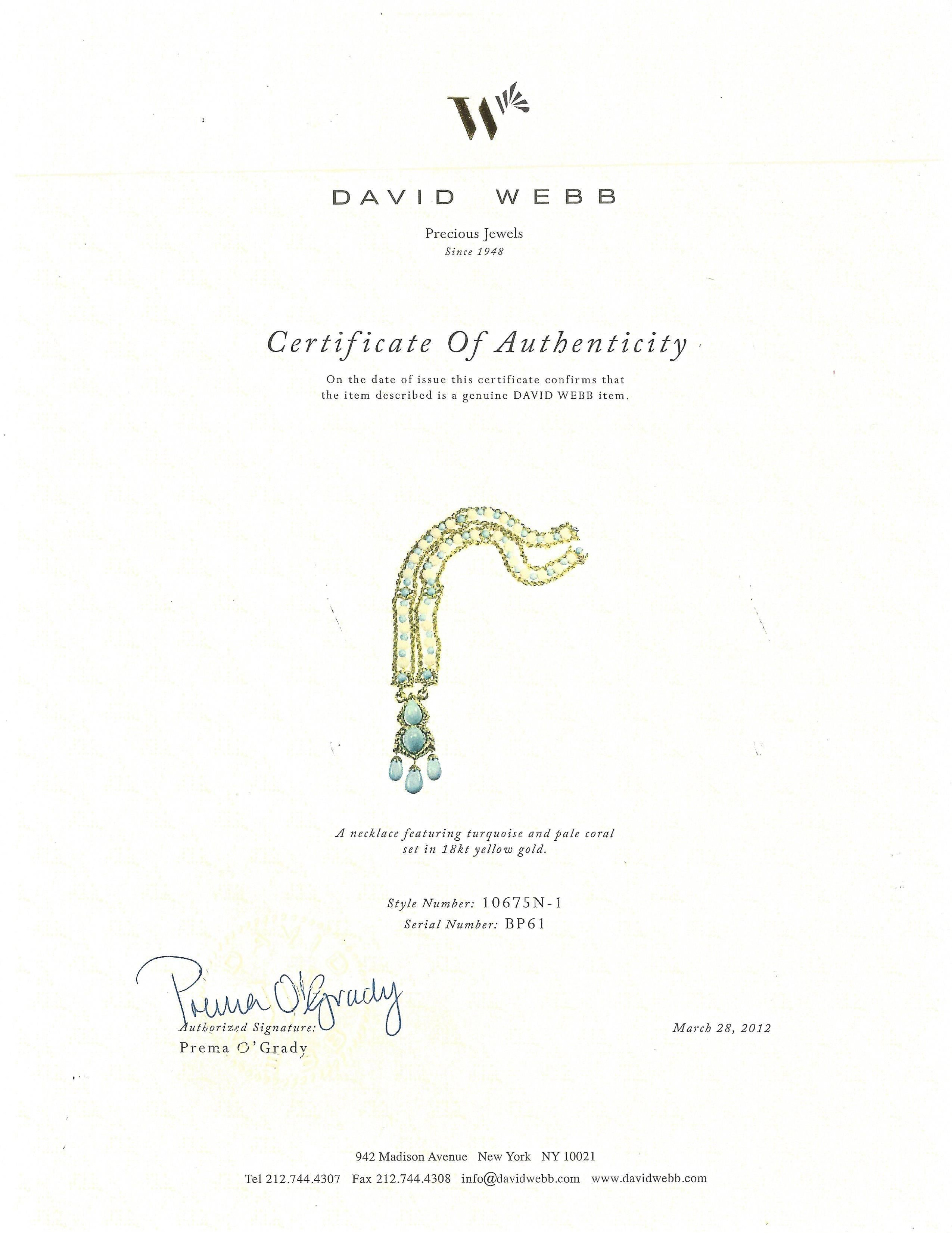 Signed David Webb 18 Karat yellow gold and Platinum Coral and Turquoise necklace.  This is a one of a kind piece.  Certificate of Authentication included.  Current retail value $105,000. Three diamonds set in the bottom of the tassels 