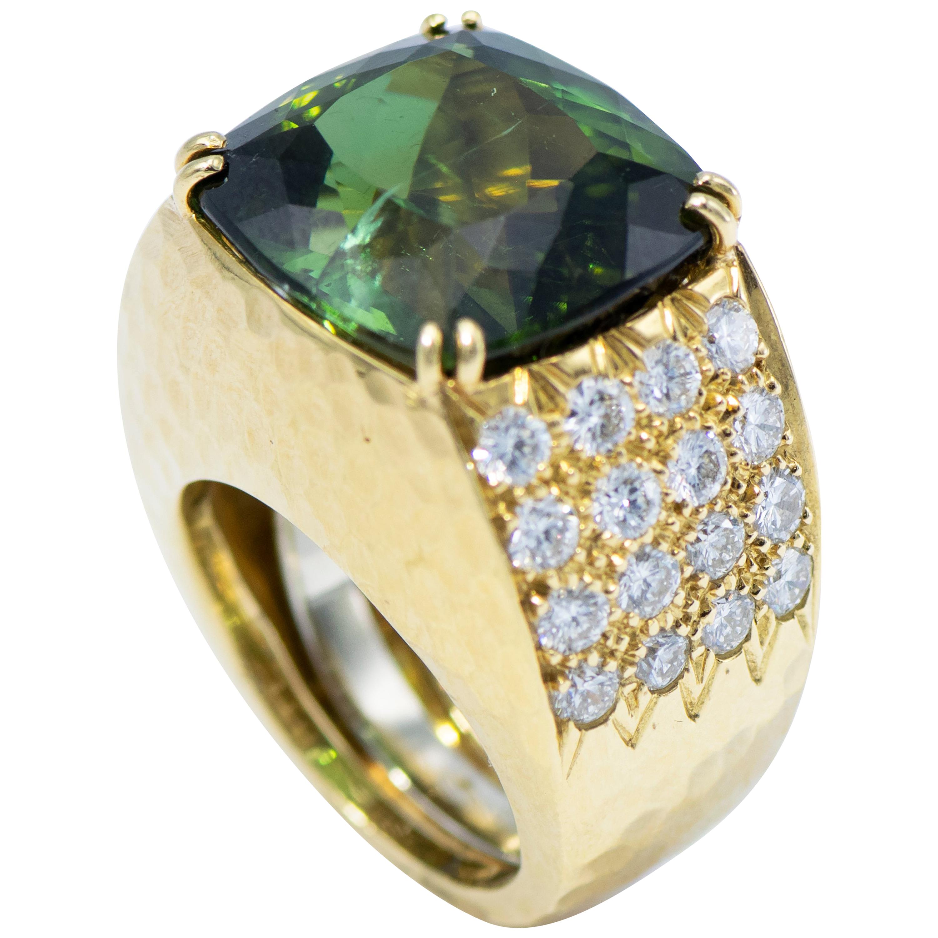 David Webb 18 Karat Yellow Gold and Platinum Green Tourmaline with Diamond Ring