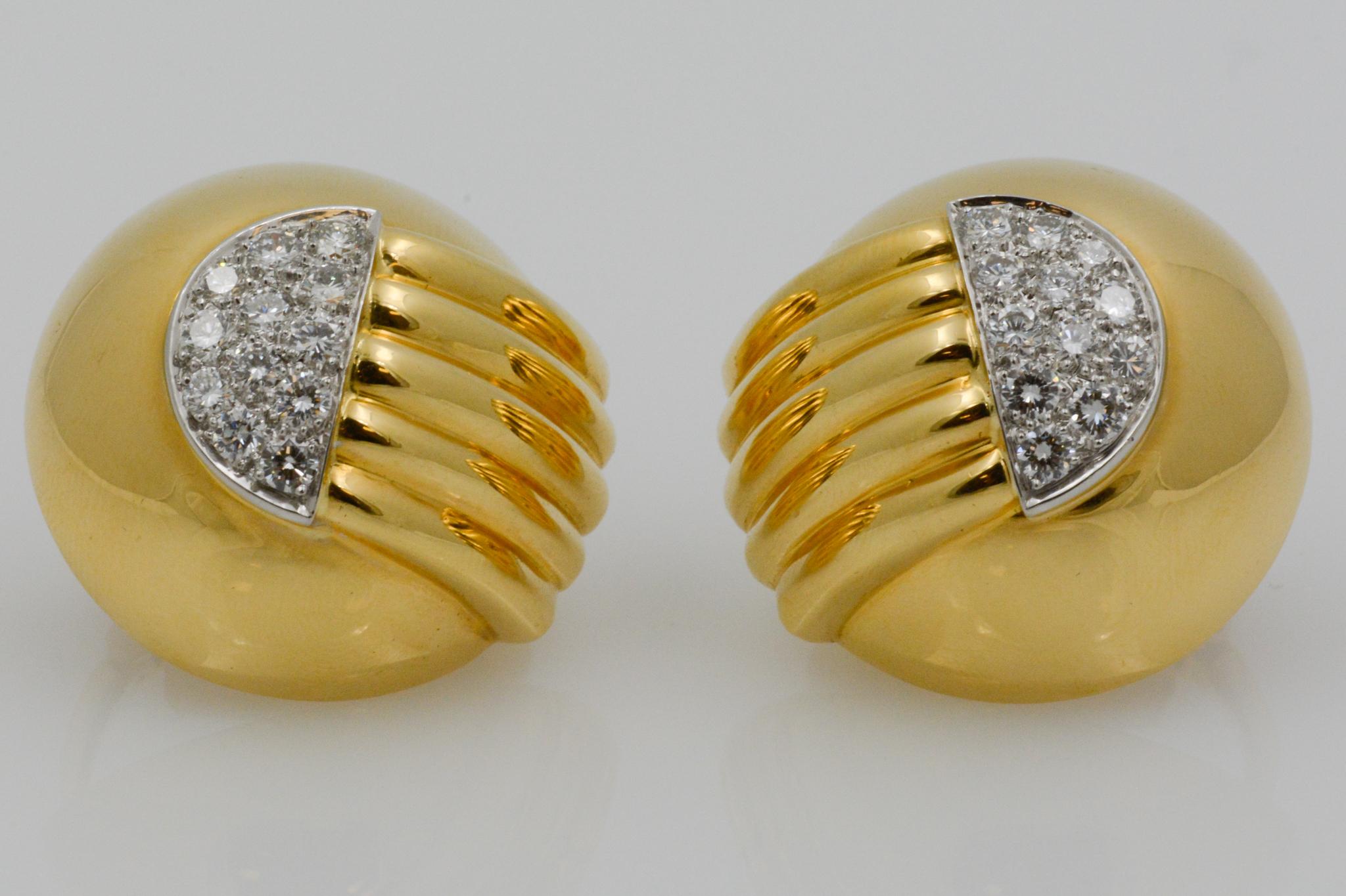 Women's David Webb 18 Karat Yellow Gold and Platinum Pave Clip Earrings