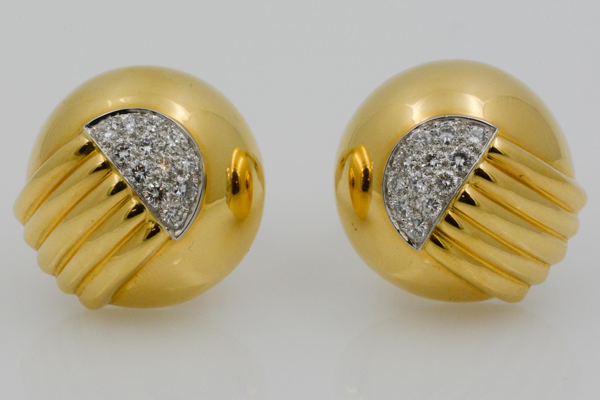 David Webb 18 Karat Yellow Gold and Platinum Pave Clip Earrings 1